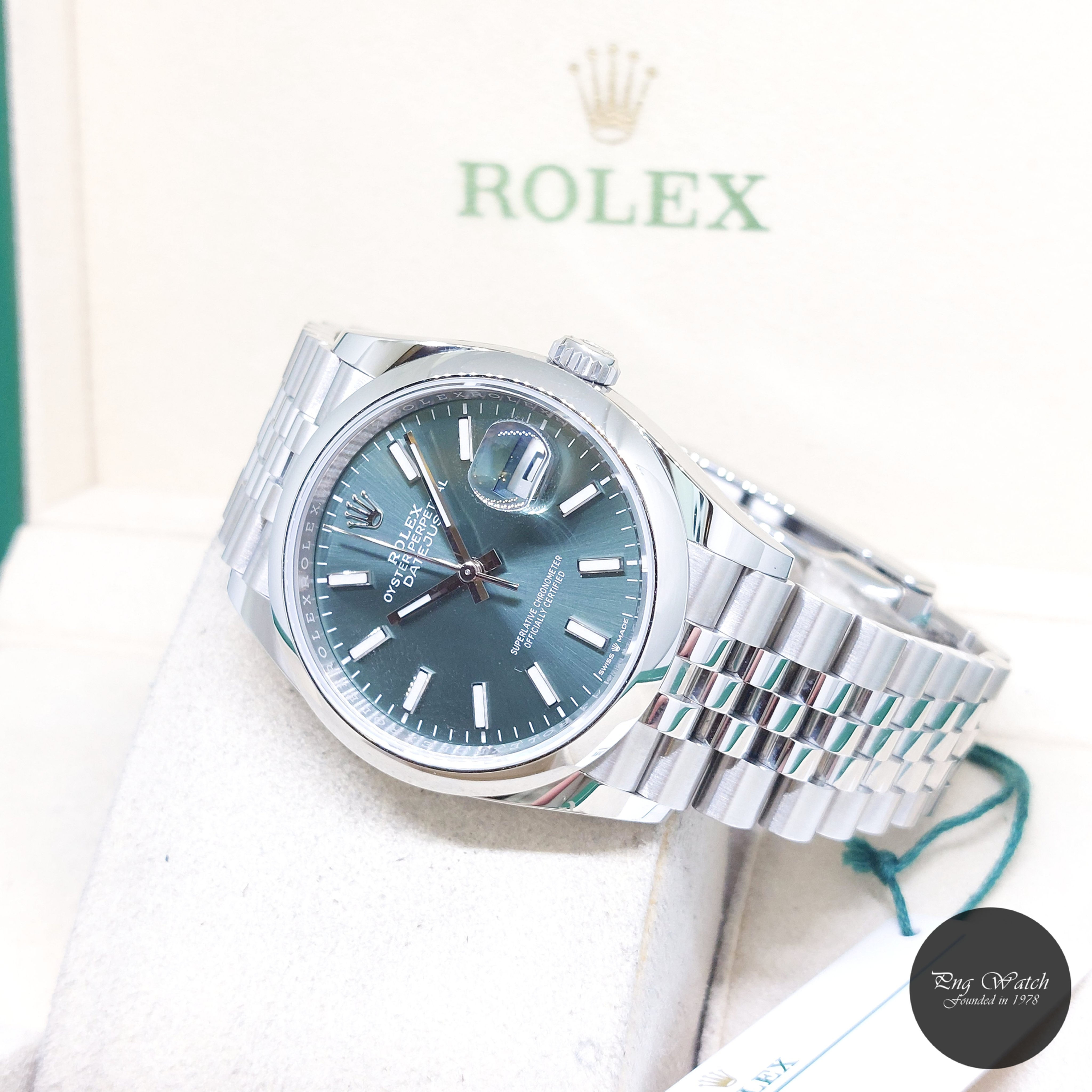 Rolex 36mm Oyster Perpetual Mint Green Batons Dial Datejust REF: 126200 (2023)