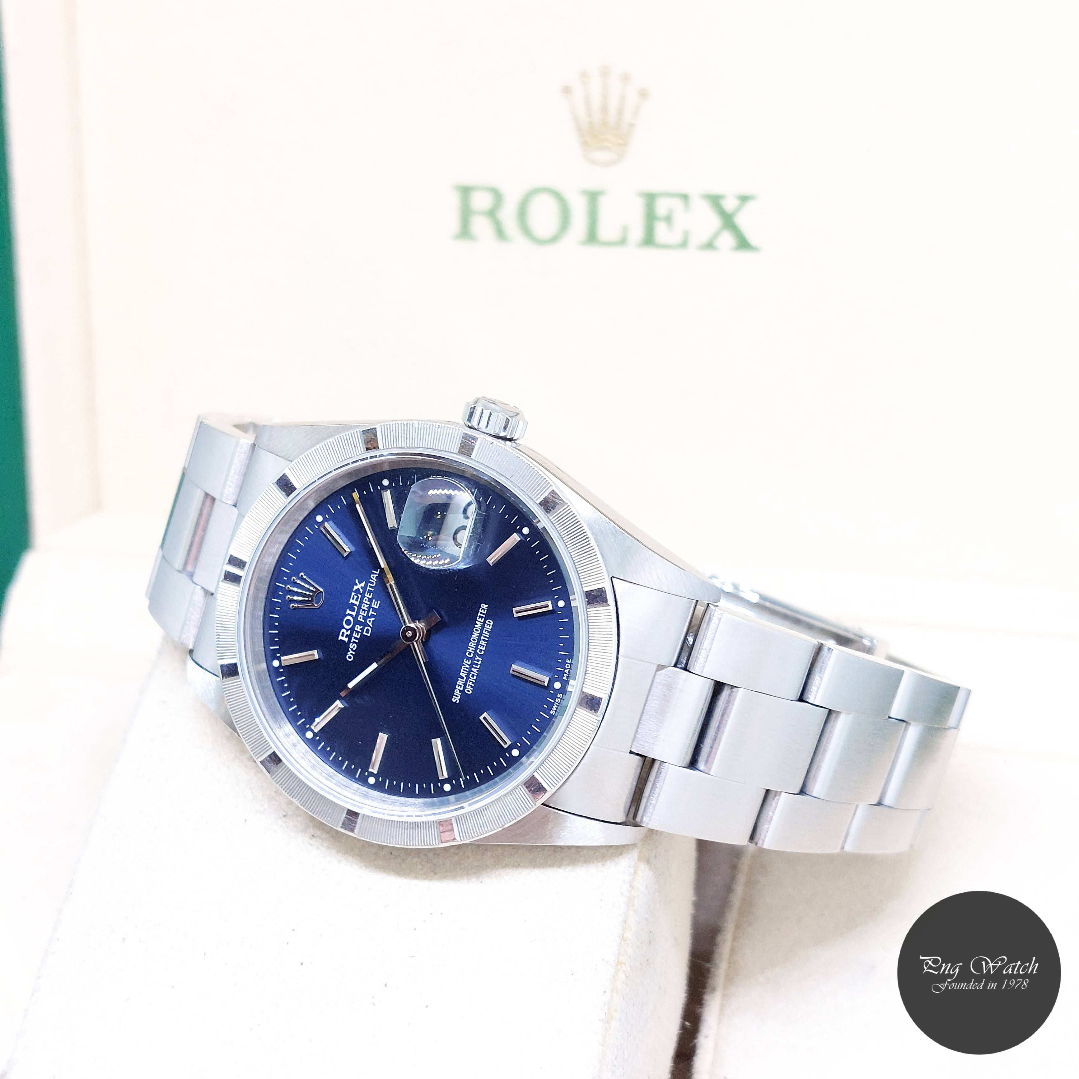 Rolex 34mm Blue Sticks Dial Oyster Perpetual Date REF: 15210 (Box & Cert-P)