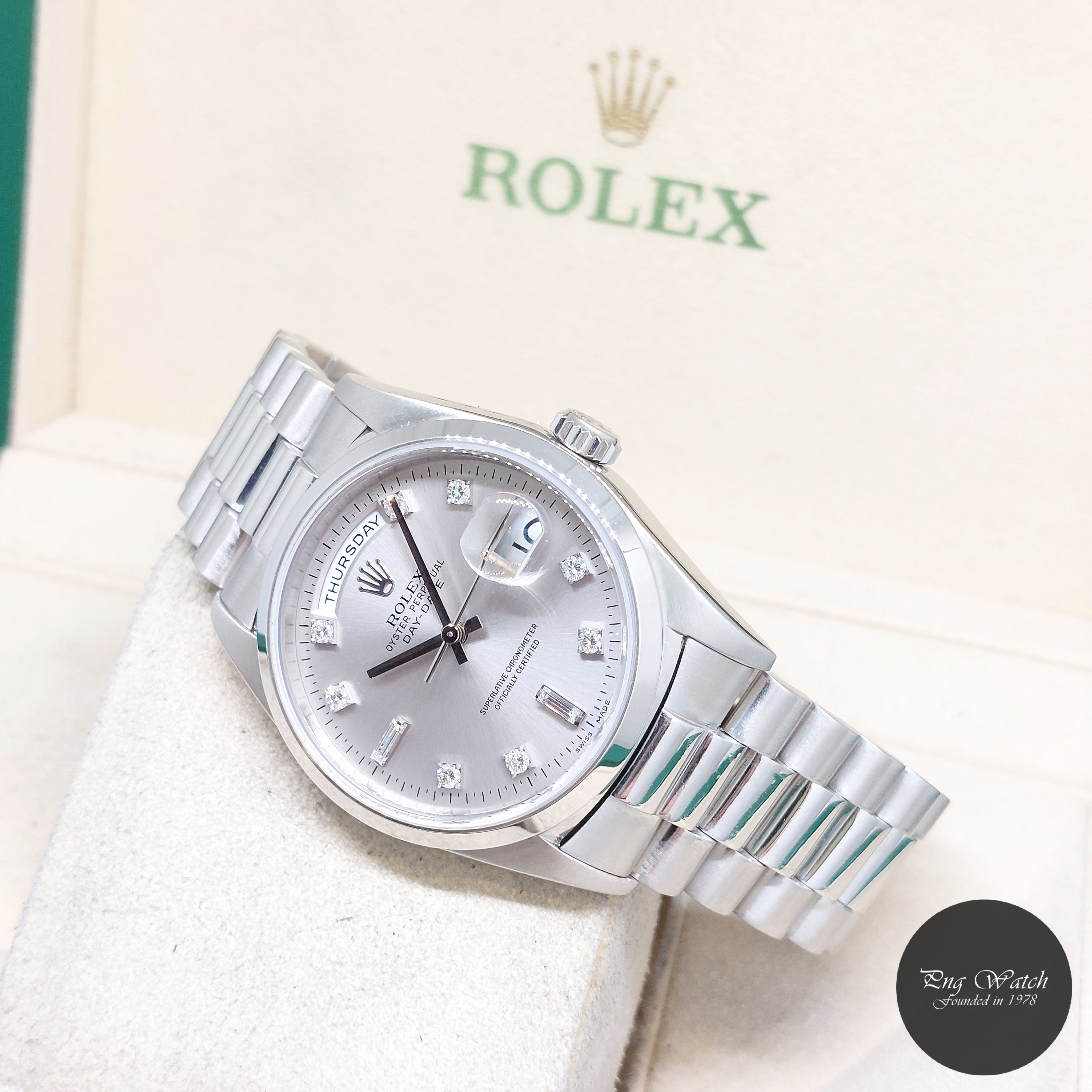 Rolex 36mm 950PT Silver Diamond Dial Day-Date REF: 18206 (Pouch & RSC Receipt-U)