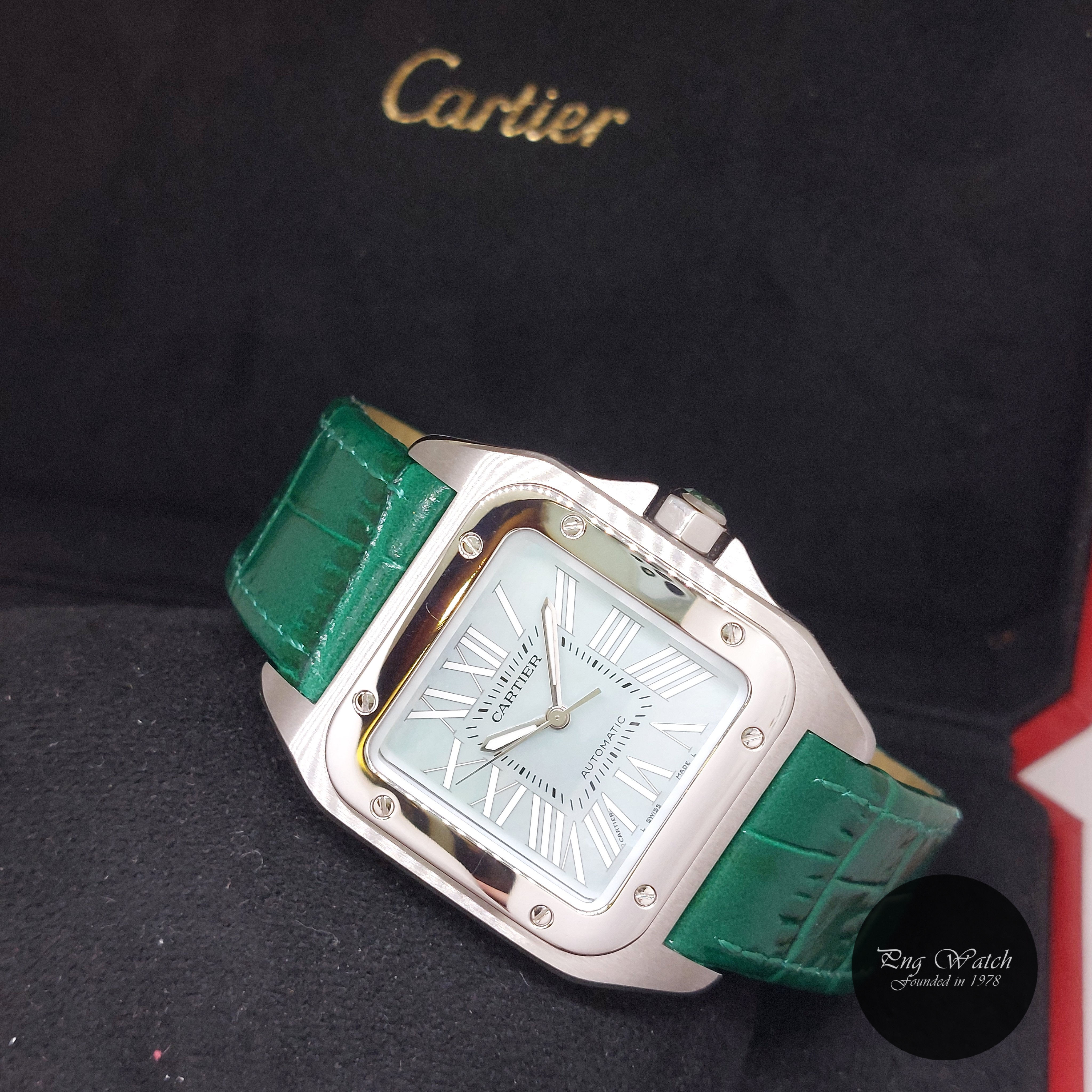 Cartier 35.6mm x 44.2mm Green MOP Roman Dial Medium Santos 100 REF: W20132X8 