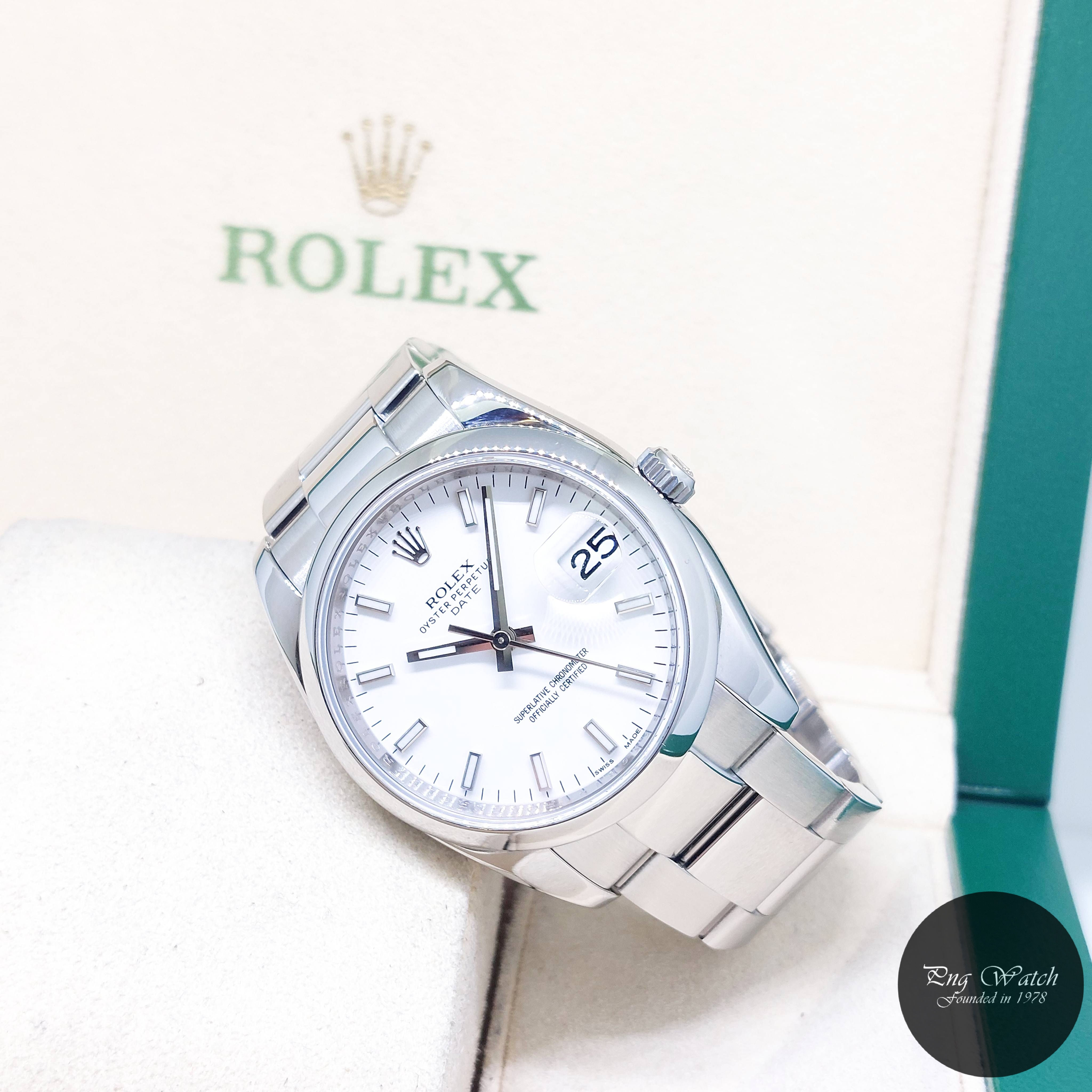 Rolex 34mm White Batons Dial Oyster Perpetual Date REF: 115200 (Box & Cert-2013)