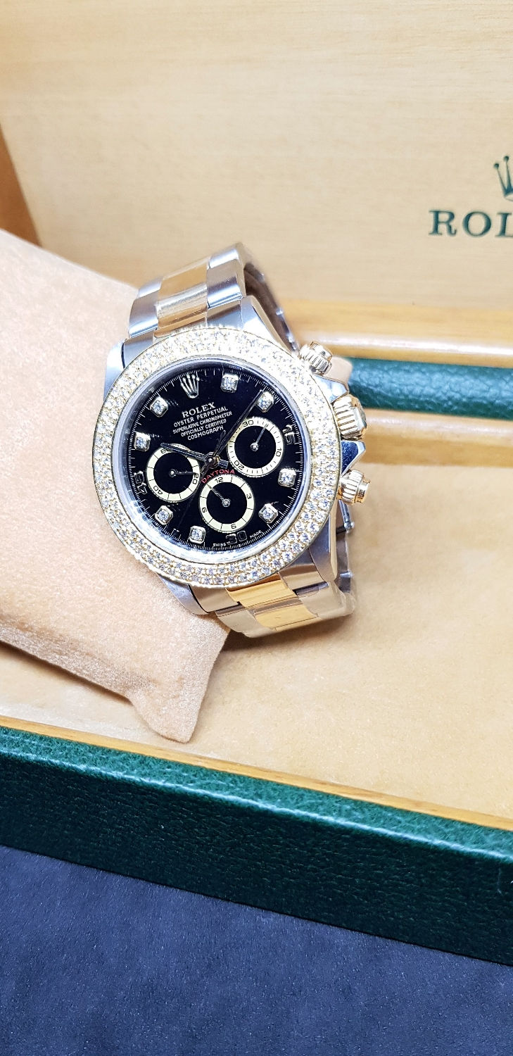 Thumbnail: Rolex 18K Gold and Steel Zenith Daytona with Black 8PT Diamonds REF: 16523