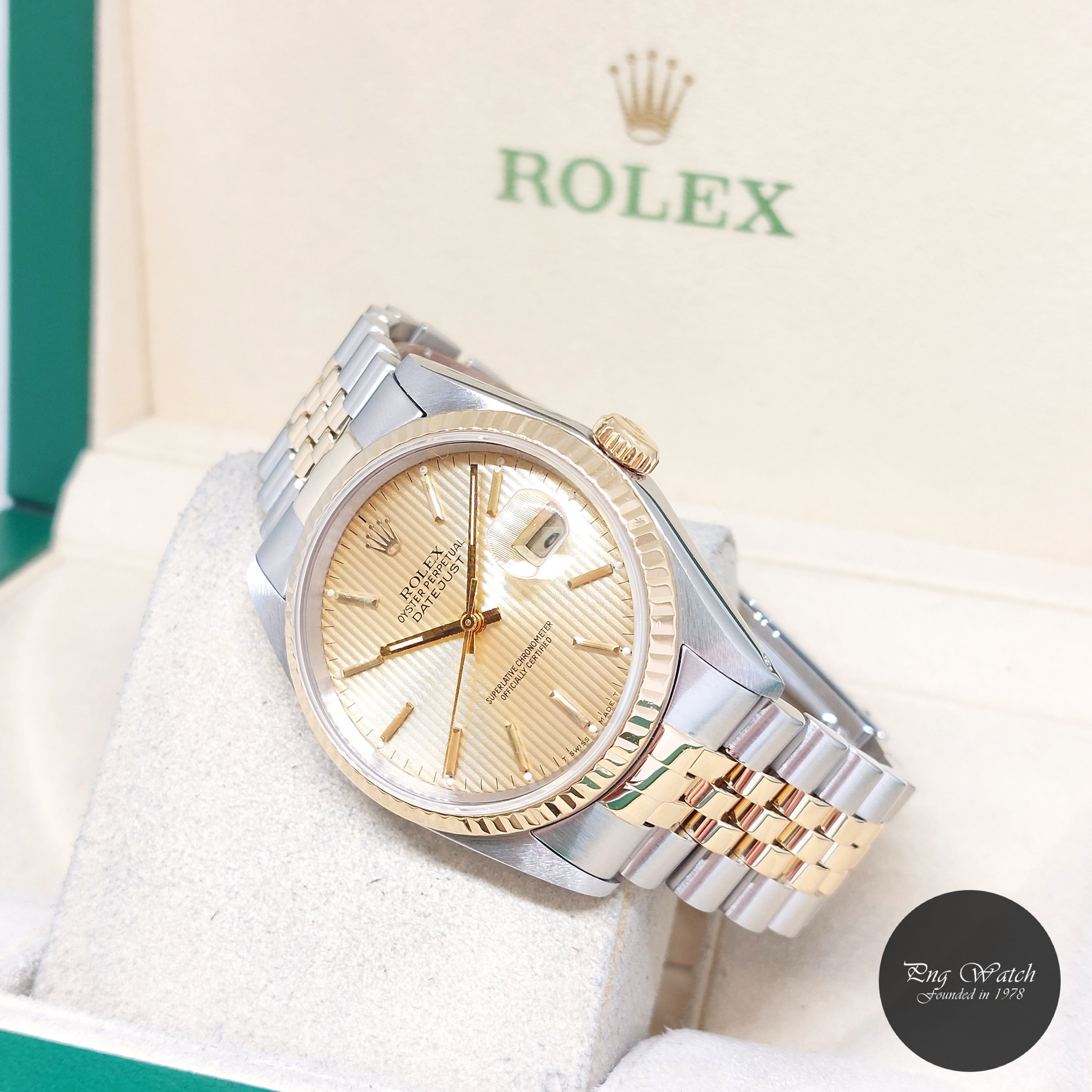 Rolex 36mm 18K Half Yellow Gold Champagne Tapestry Sticks Datejust REF: 16233