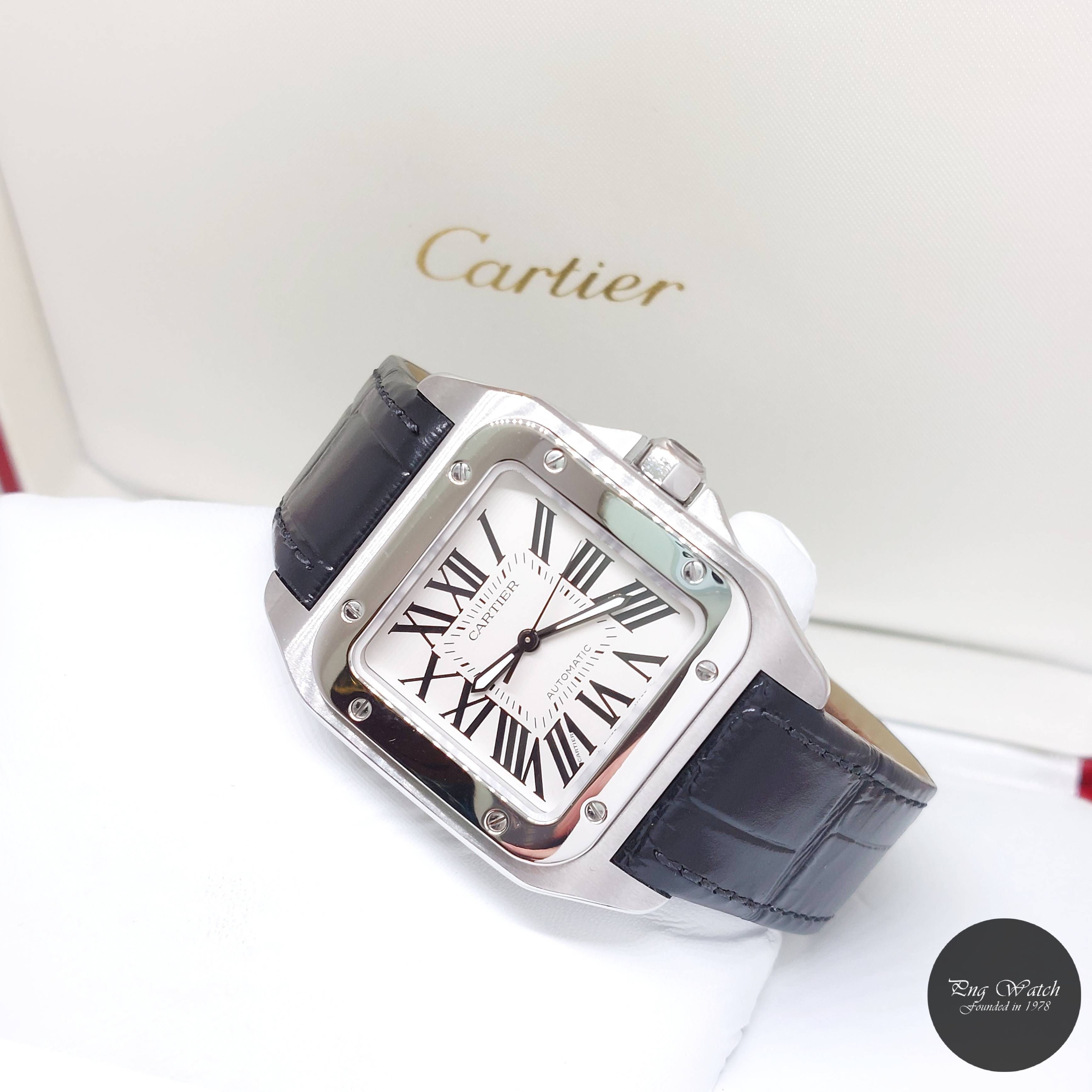 Cartier 35.6mm x 44.2mm Silver Opaline Medium Santos 100 REF: W20126X8