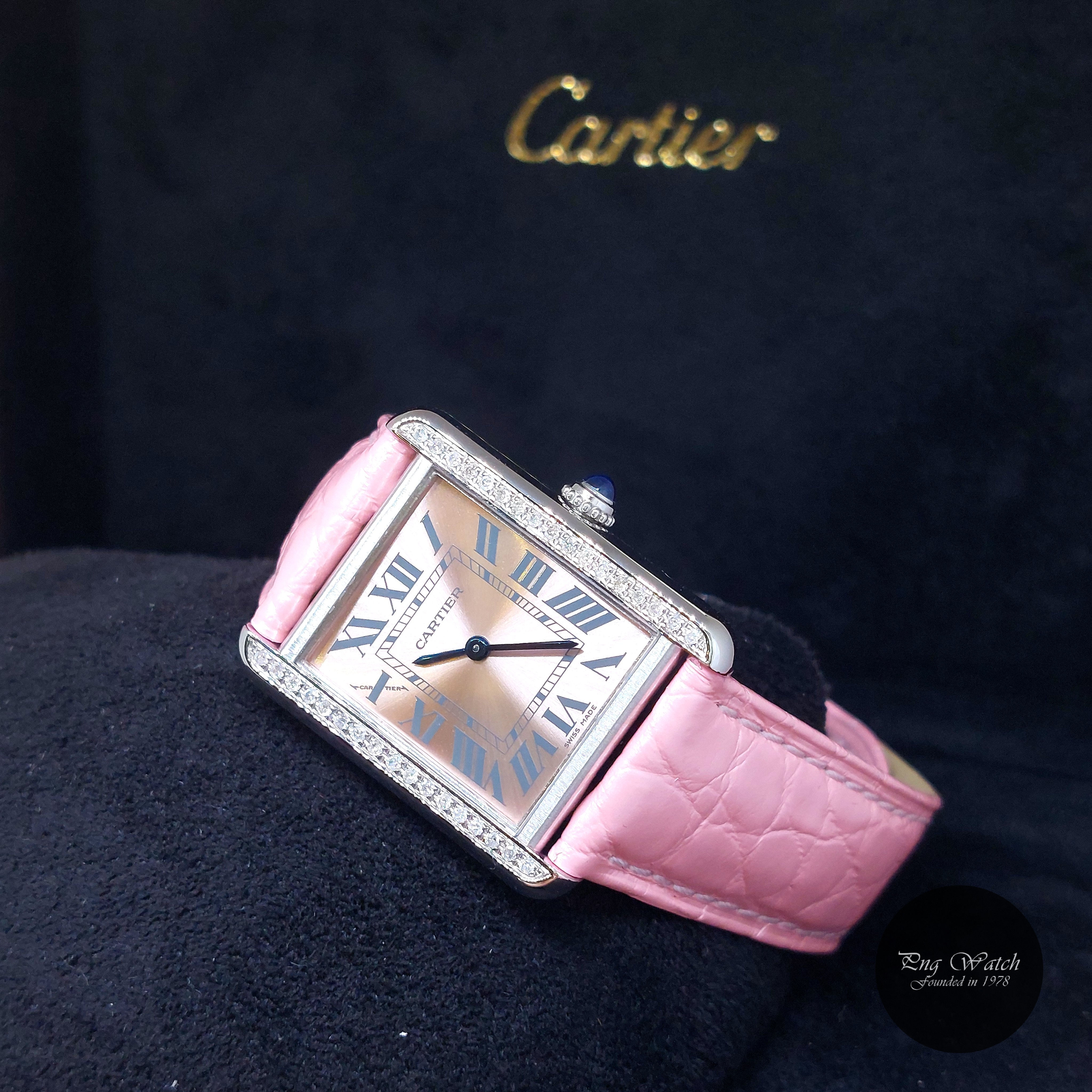 Cartier 31mm X 24.4mm Pink Roman Dial Diamonds Set Tank Solo Small REF: W5200000