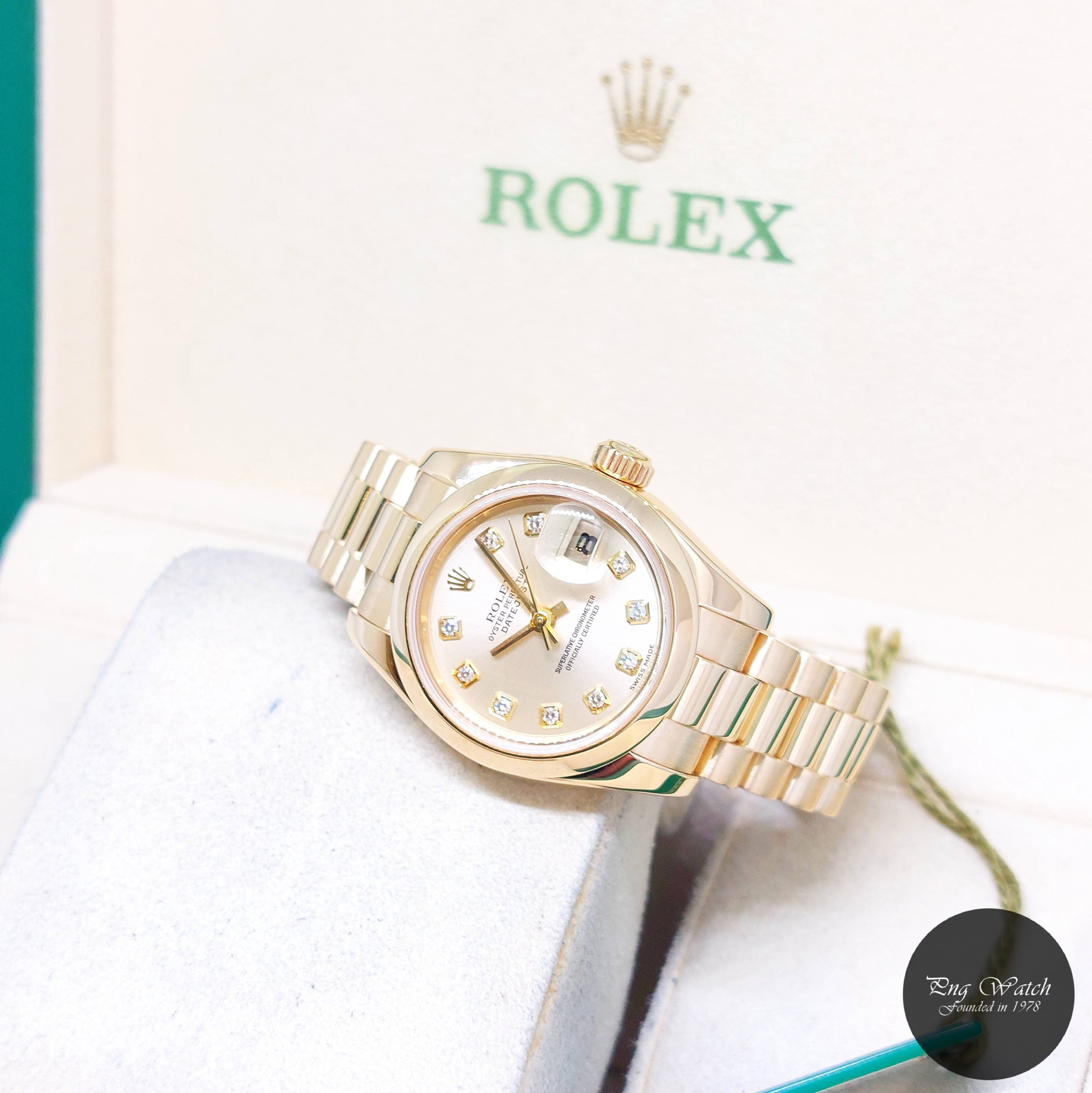 Rolex 26mm 18K Yellow Gold Silver Diamonds Lady "QUEEN" Datejust REF: 179168
