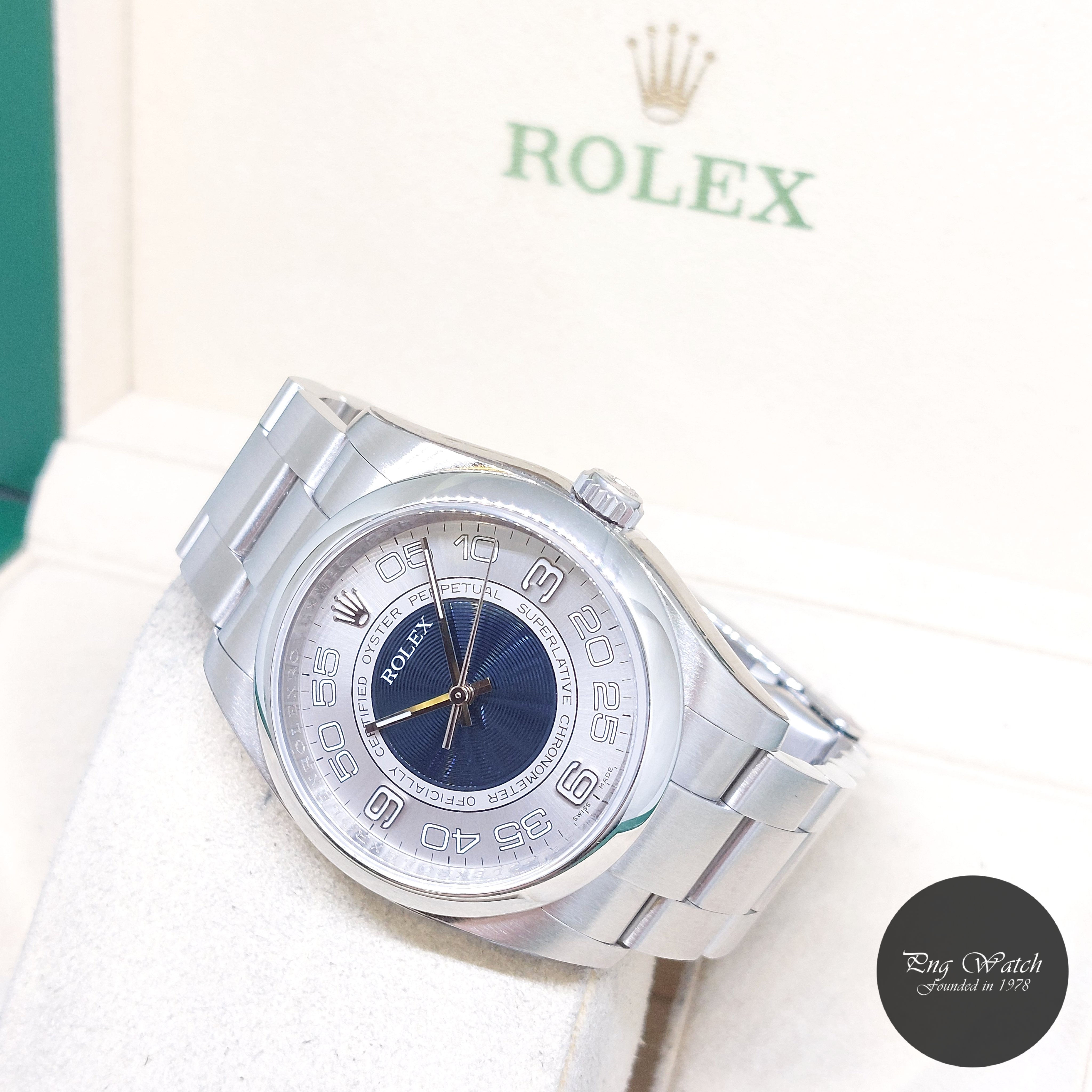 Rolex 36mm Silver Blue Concentric Arabic Dial Oyster Perpetual REF: 116000 (AN)