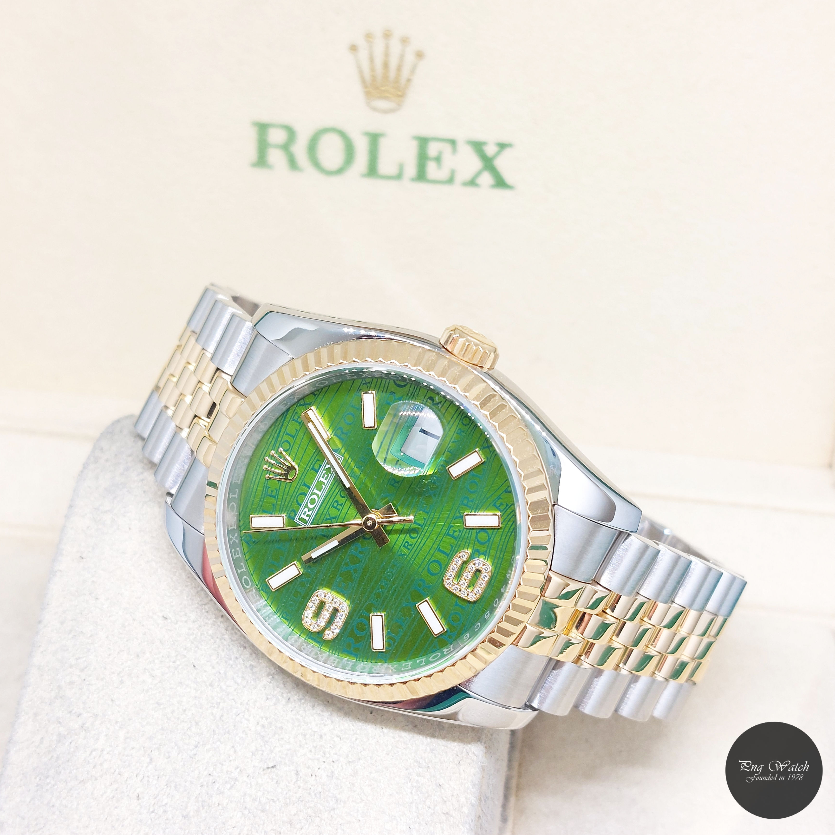 Rolex 36mm 18K Half YG Green Wave 6&9 Dia Dial Datejust REF: 116233 (2017)