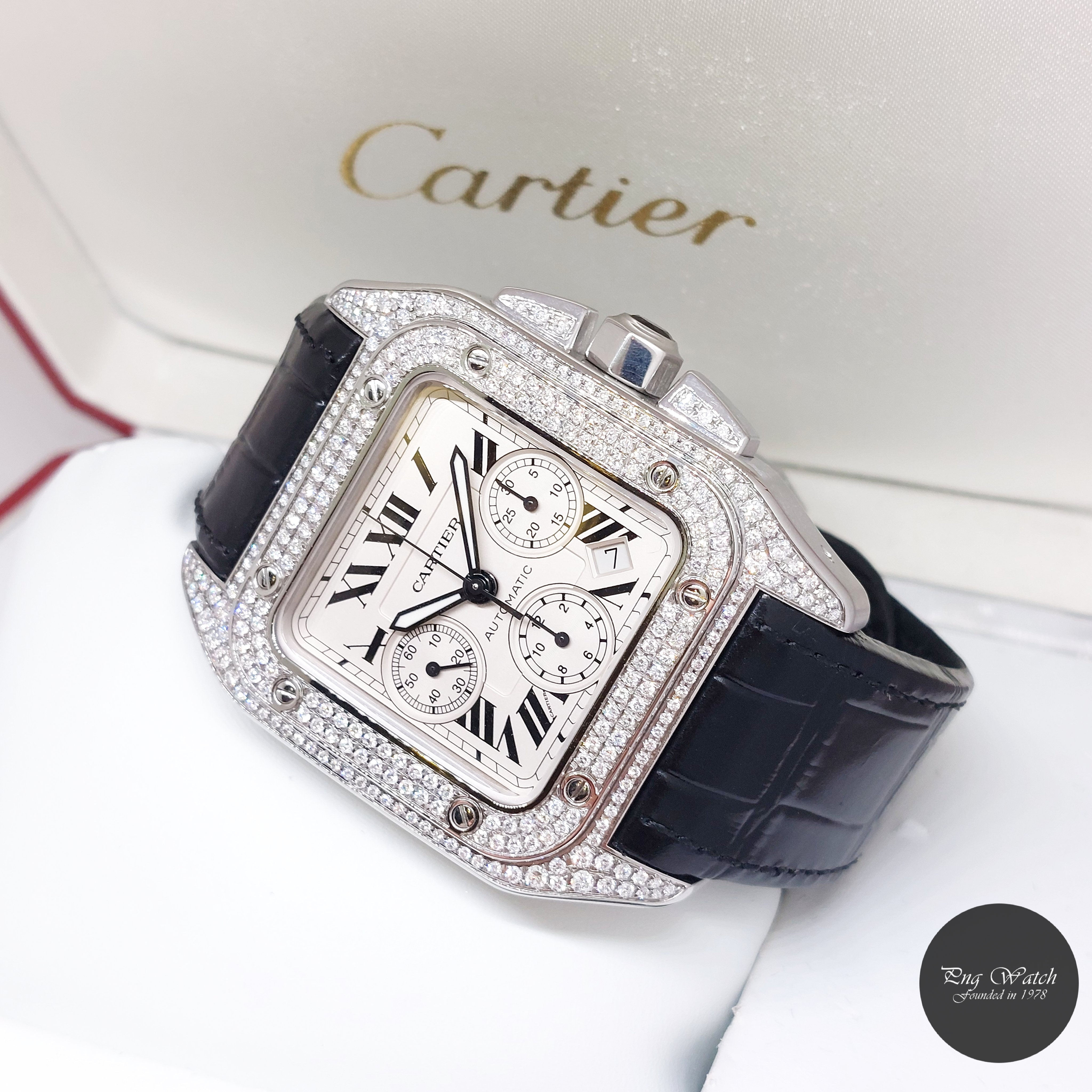 Cartier 55mm X 41mm Diamonds Set Santos 100 XL Chronograph REF: W20090X8 (15)