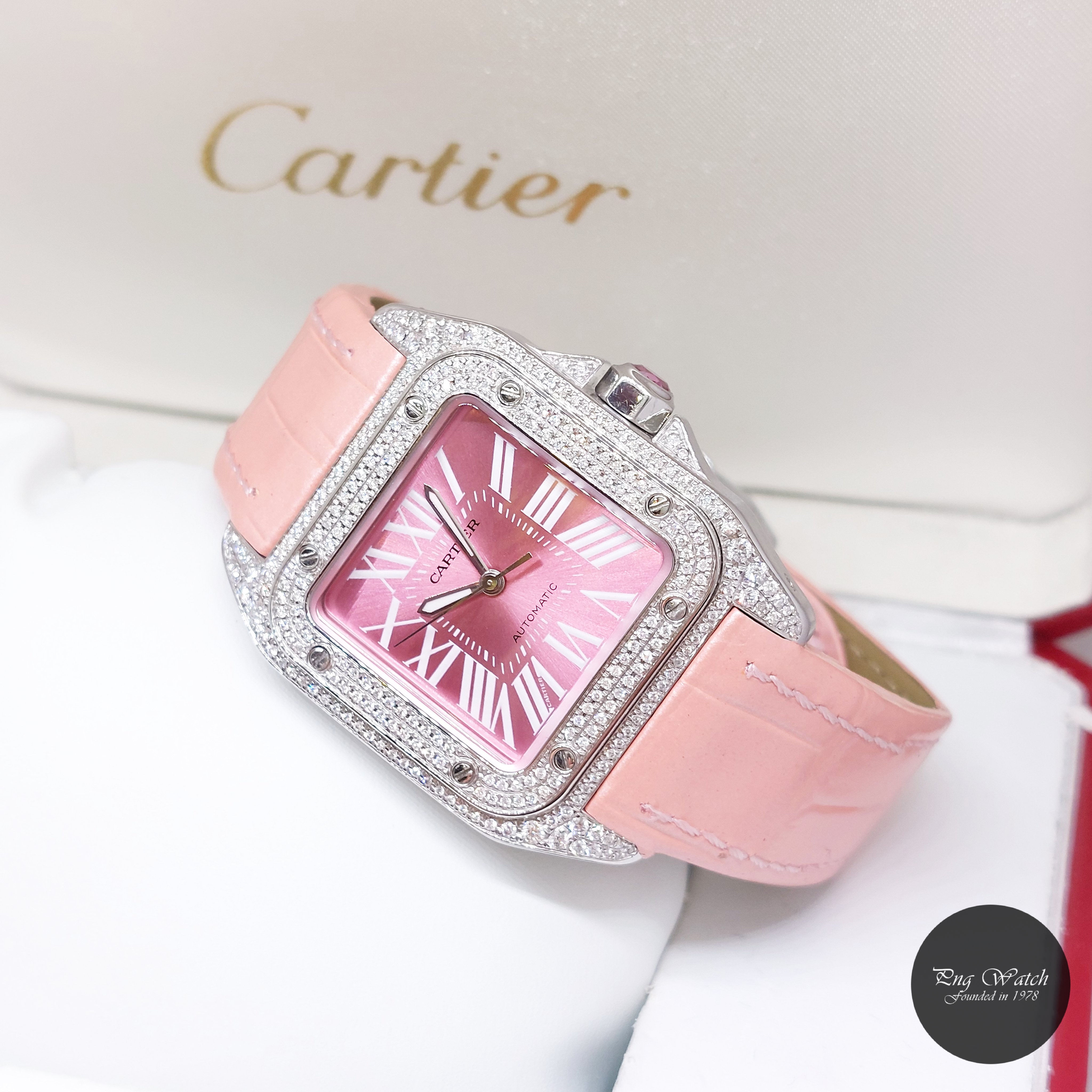 Cartier 35.6 x 44.2 Pink Roman Dial Diamonds Set Medium Santos 100 REF: W20133X8