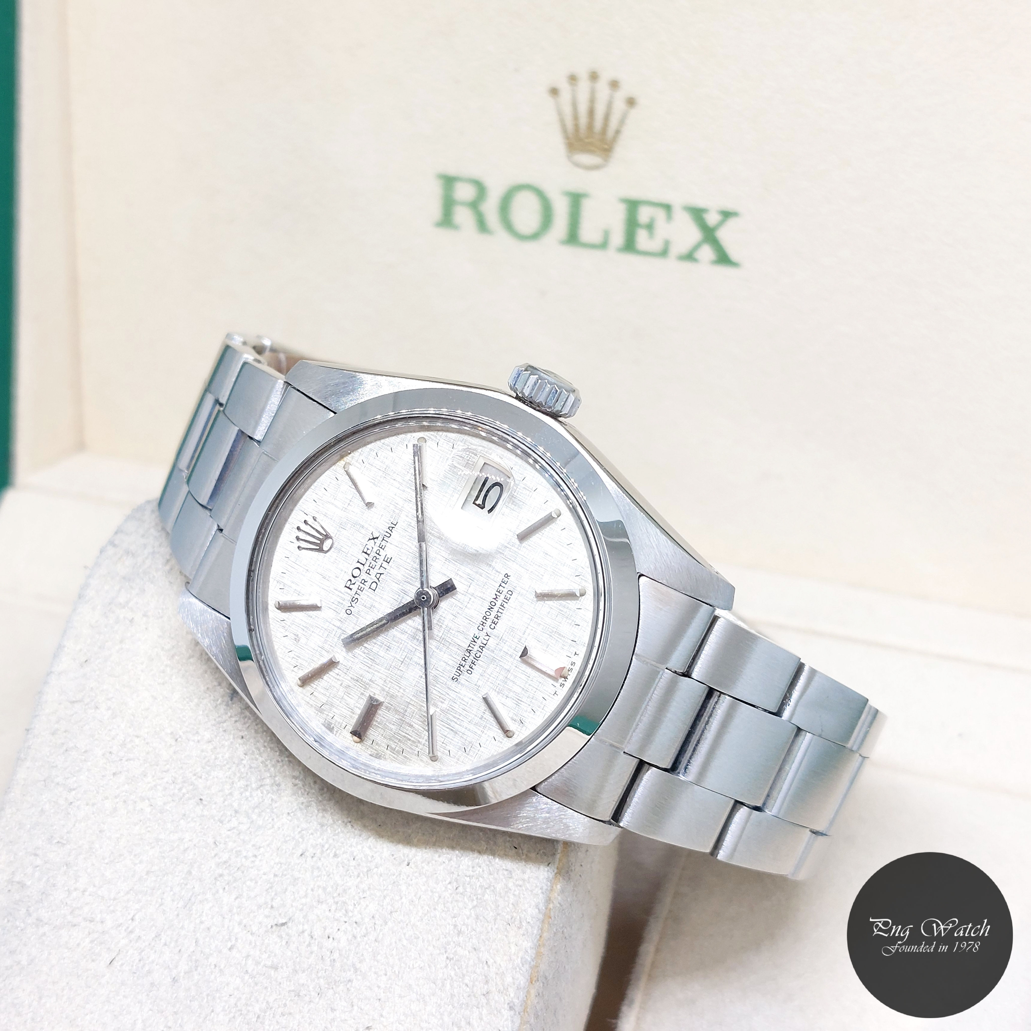 Rolex 34mm Silver Linen Sticks Dial Oyster Perpetual Date REF: 1500 (3.96)