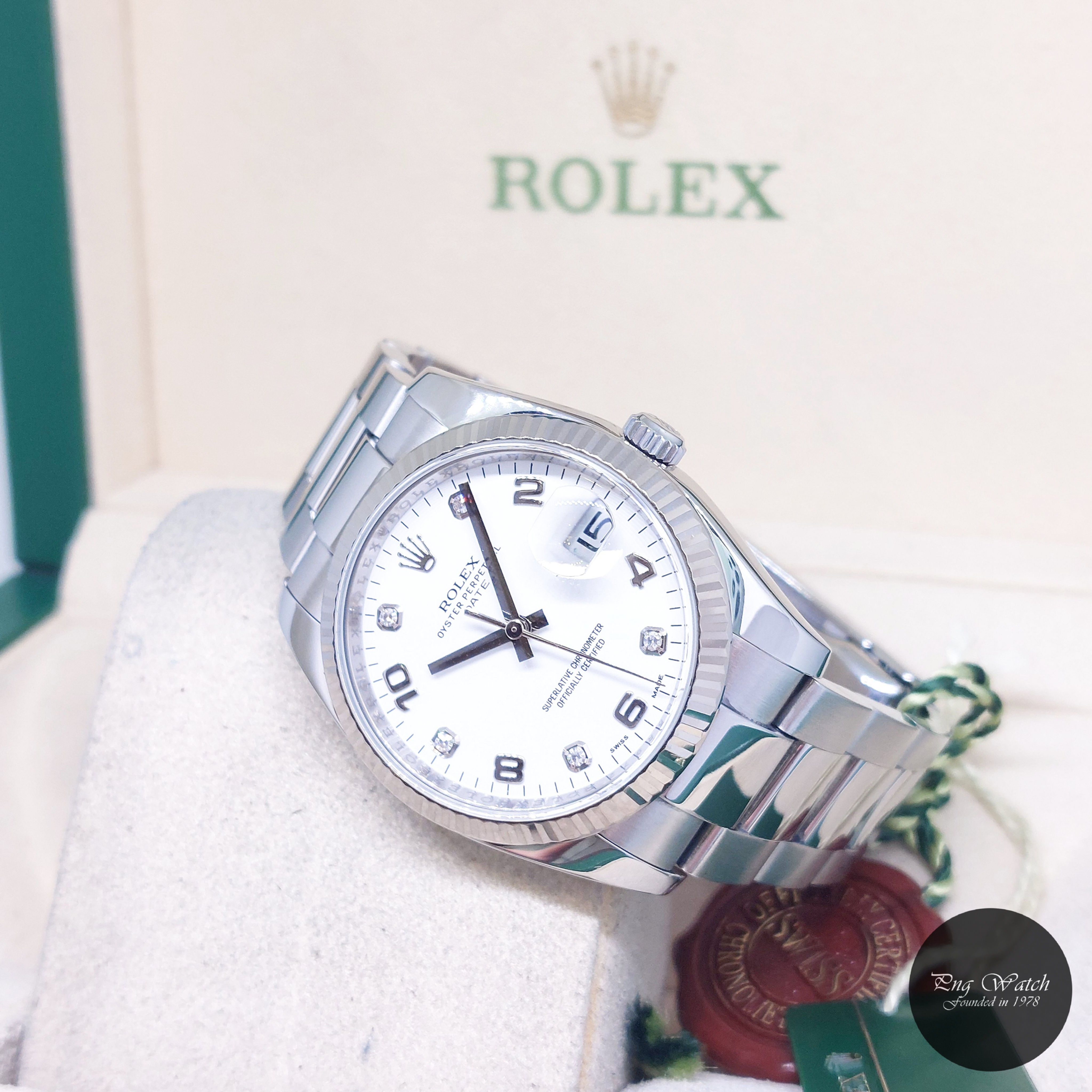 Rolex 34mm White Diamonds Dial Oyster Perpetual Date REF: 115234 (2014)