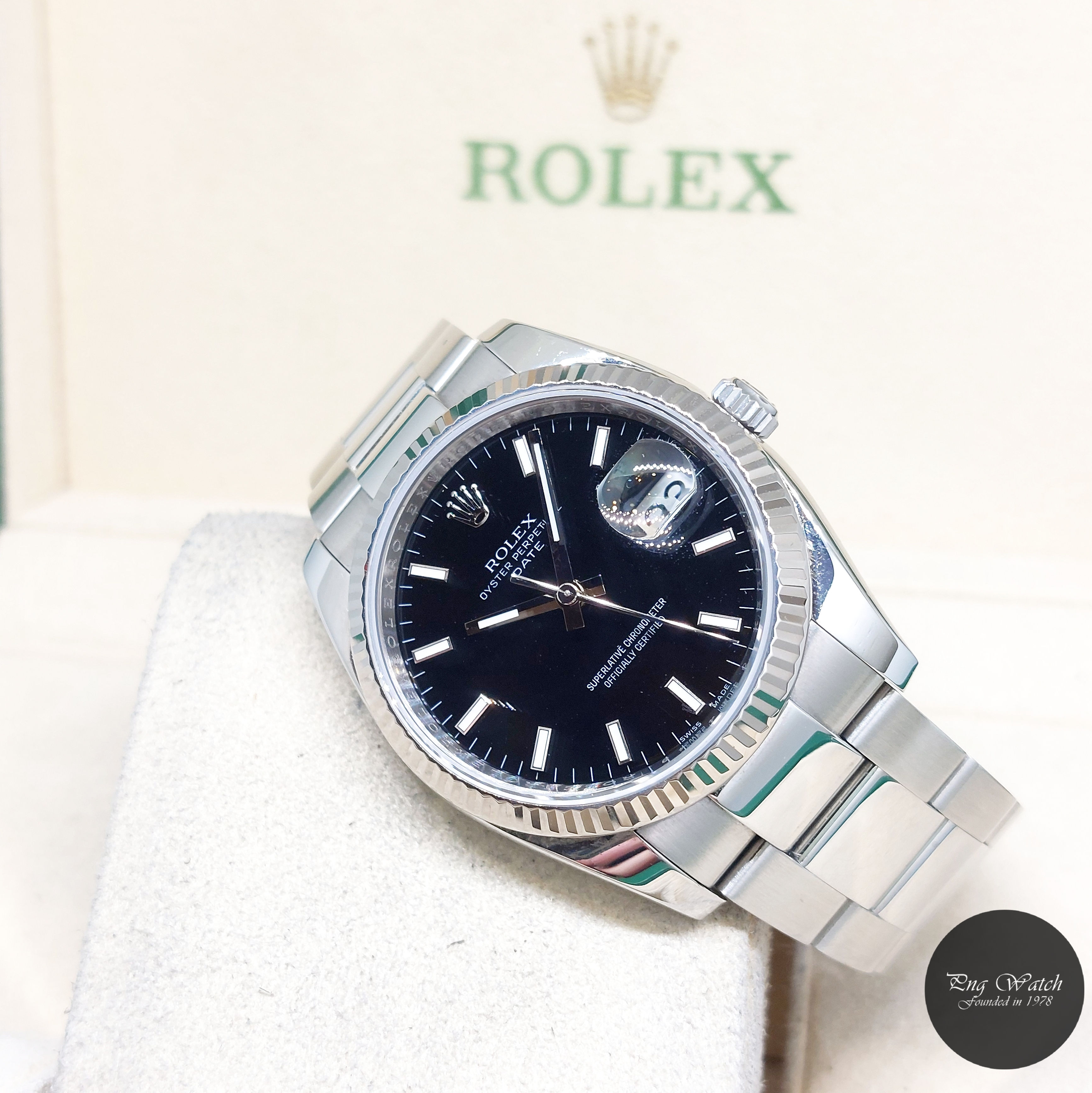 Rolex 34mm Black Batons Dial Oyster Perpetual Date REF: 115234 (Box & Cert-2012)