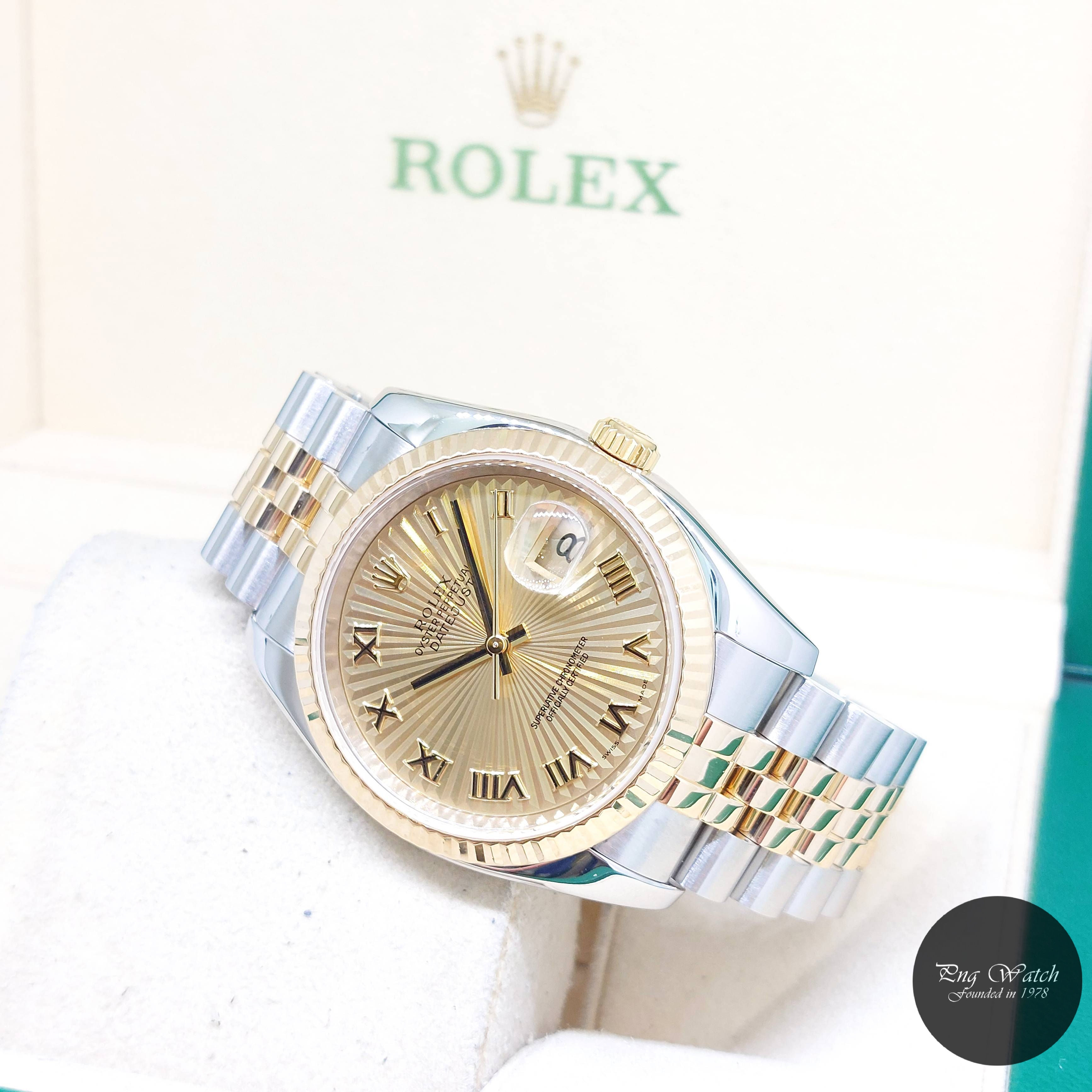 Rolex 36mm 18K Half Yellow Gold Champagne Sunbeam Roman Datejust REF: 116233