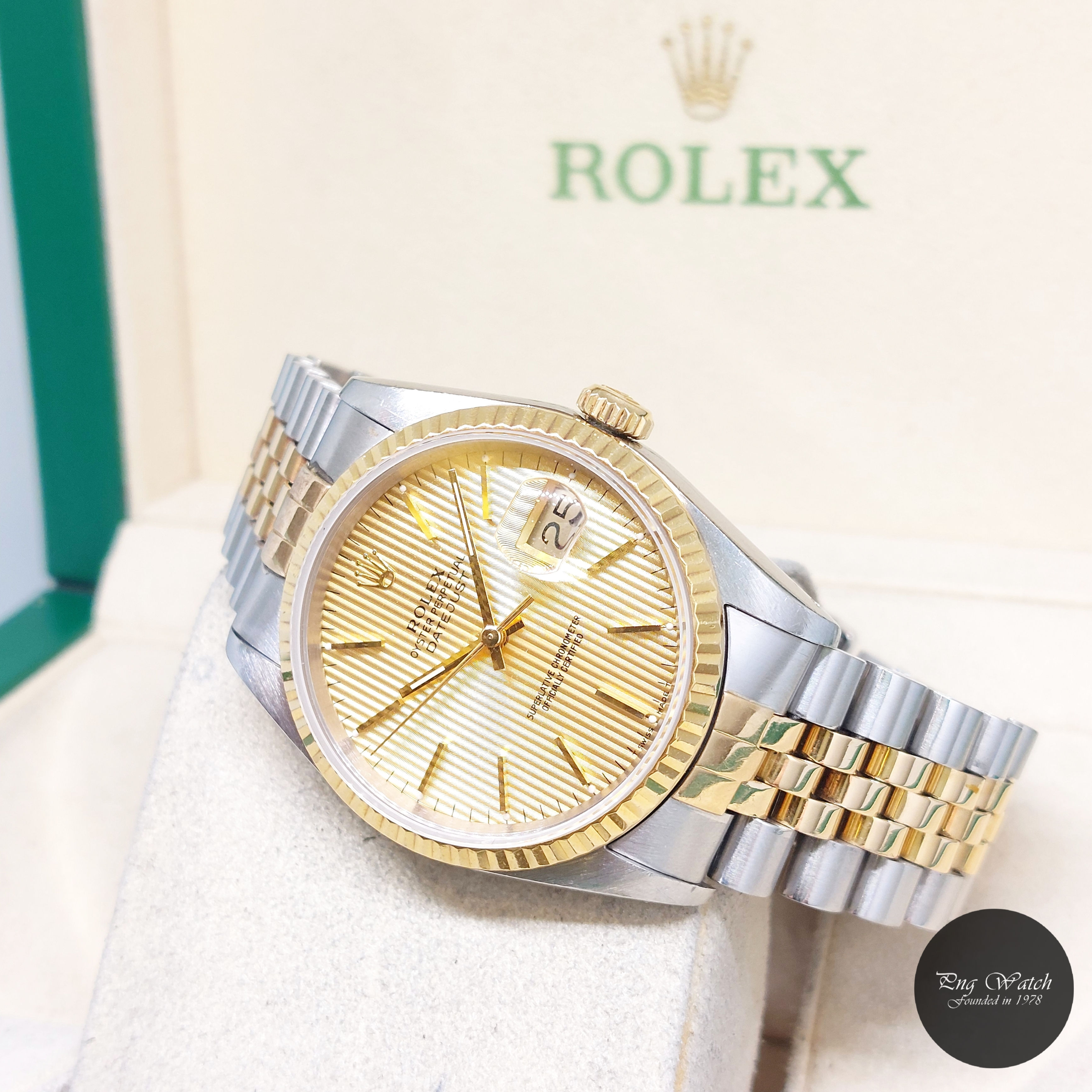 Rolex 36mm 18K Half YG Champagne Tapestry Sticks Dial Datejust REF: 16233 (C)