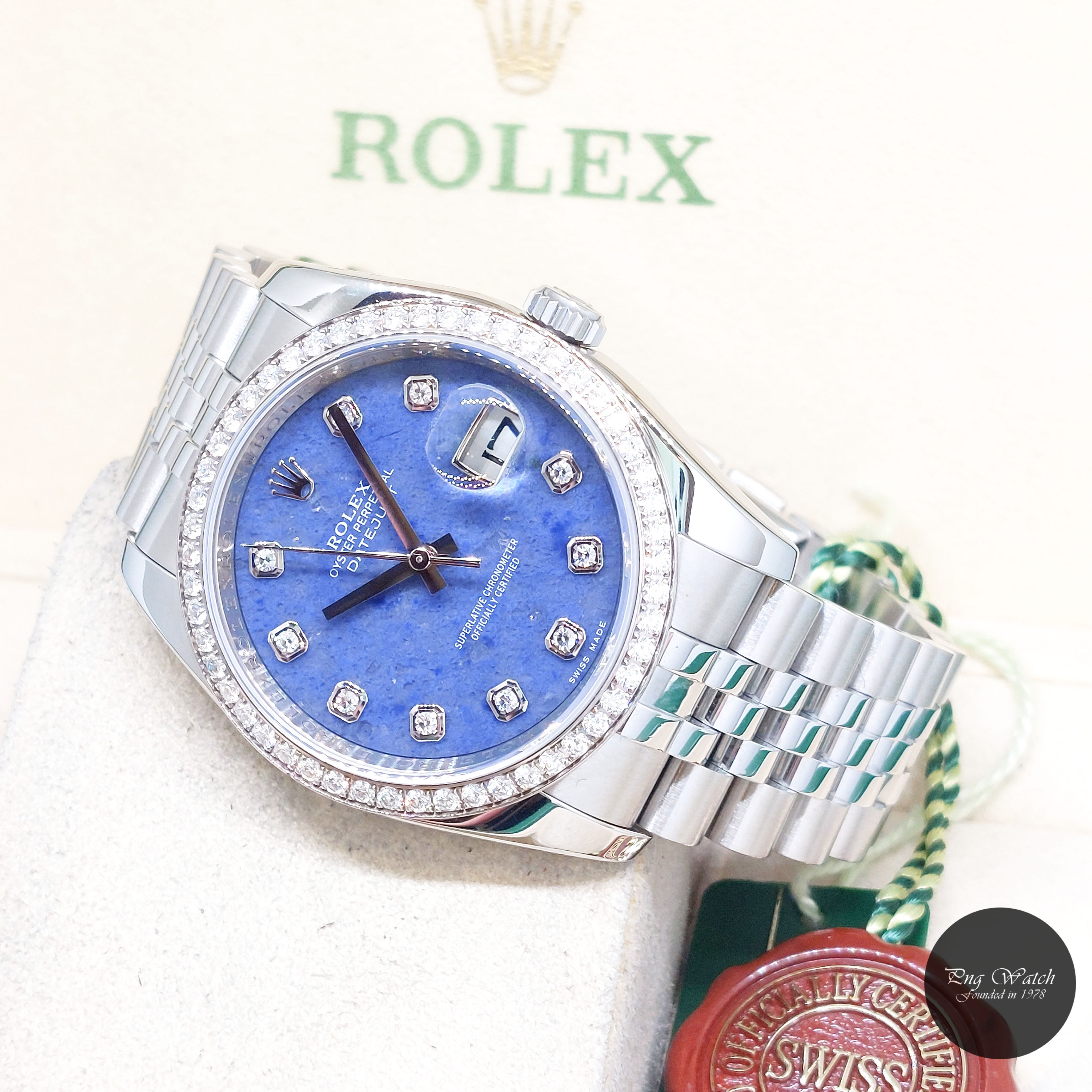 Rolex 36mm Factory Sodalite Diamonds Dial & Bezel Datejust REF: 116244 (2010)