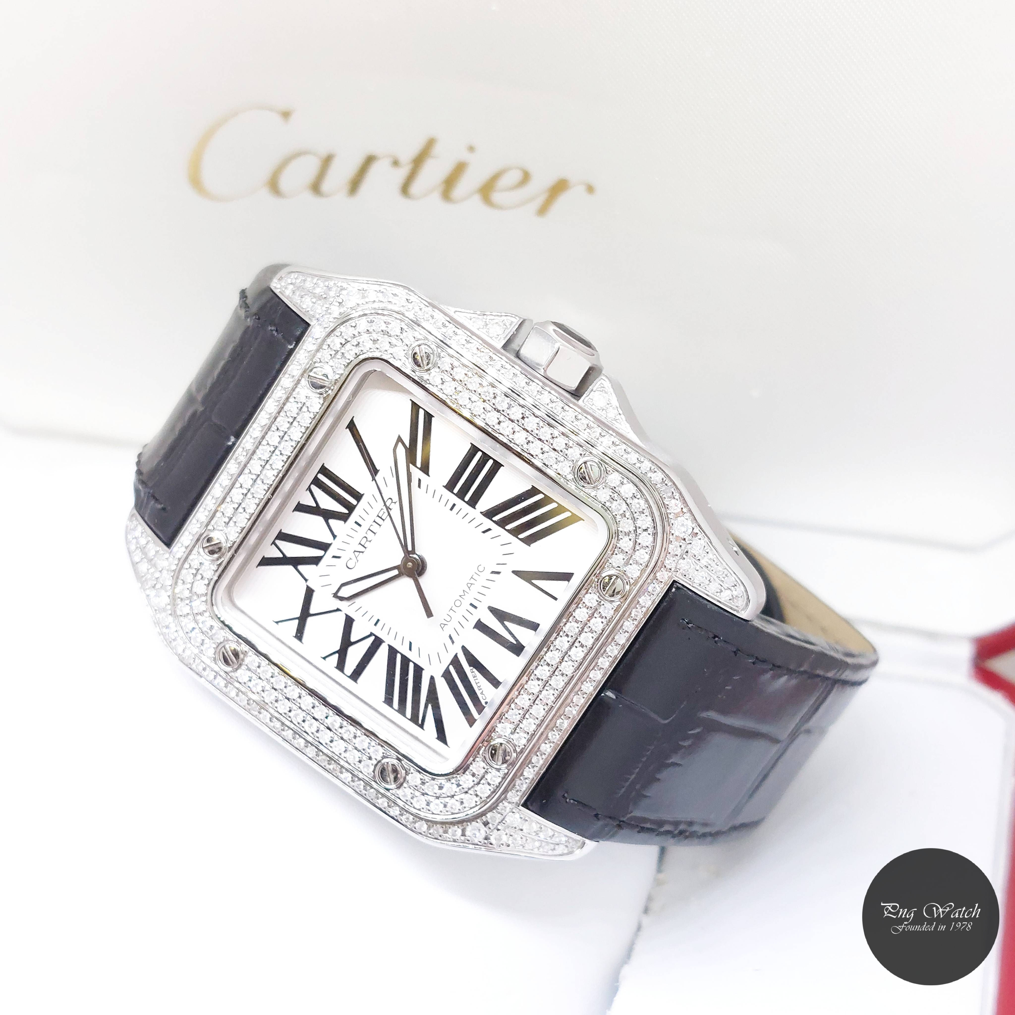 Cartier 51mm X 41mm Silver Opaline Dial Diamonds Set Santos 100 REF: W20073X8