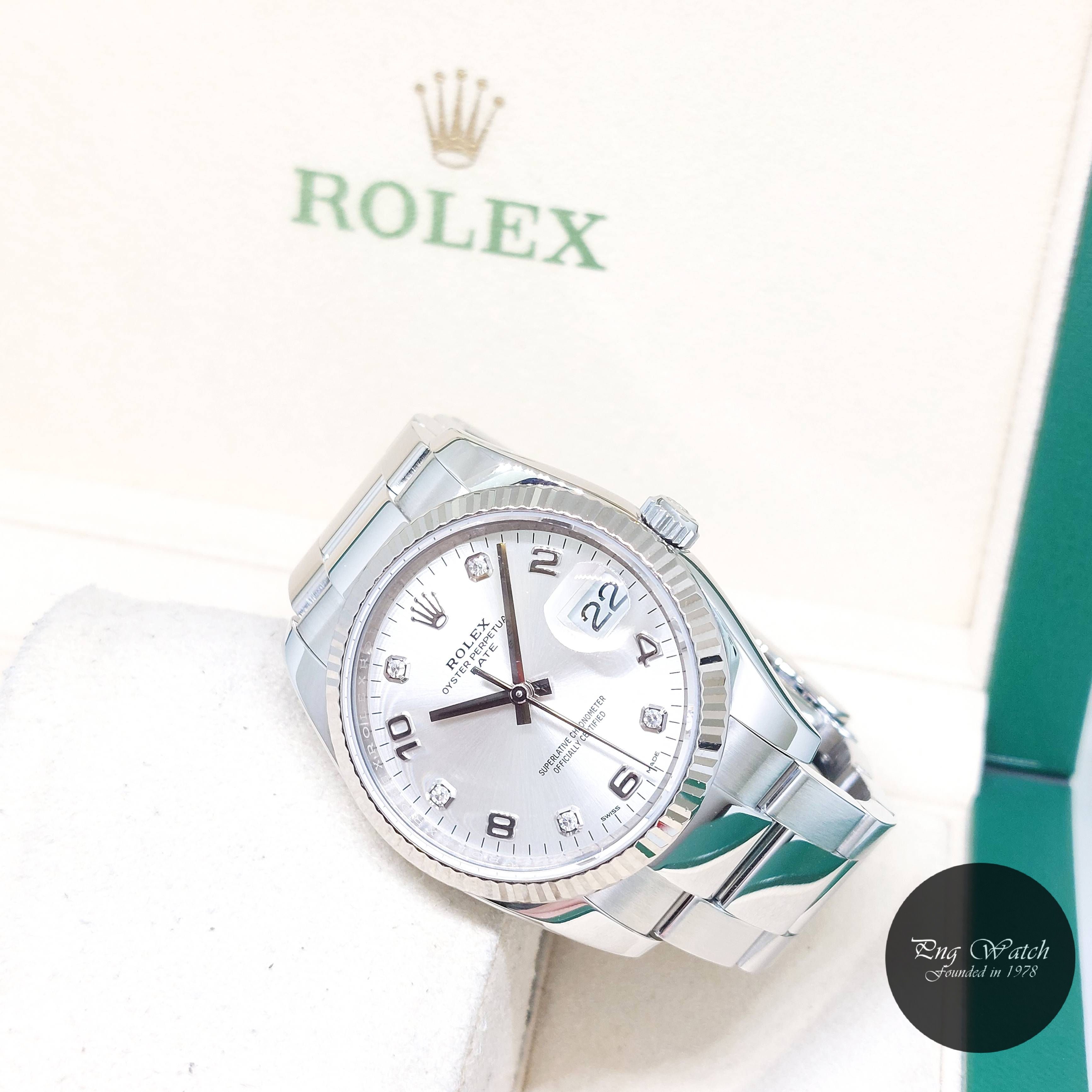 Rolex 34mm Silver Diamonds Dial Oyster Perpetual Date REF: 115234 (AN Series)