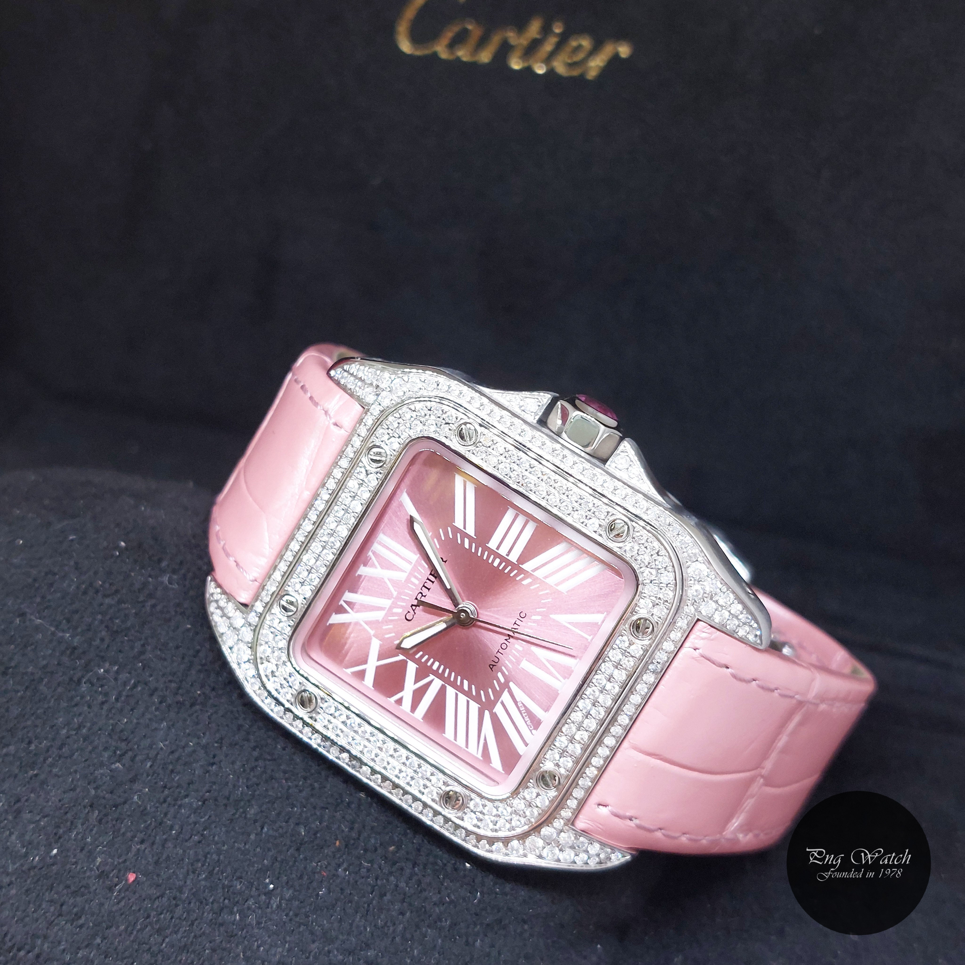 Cartier 35.6mm x 44.2mm Pink Roman Dial Diamonds Medium Santos 100 REF: W20133X8