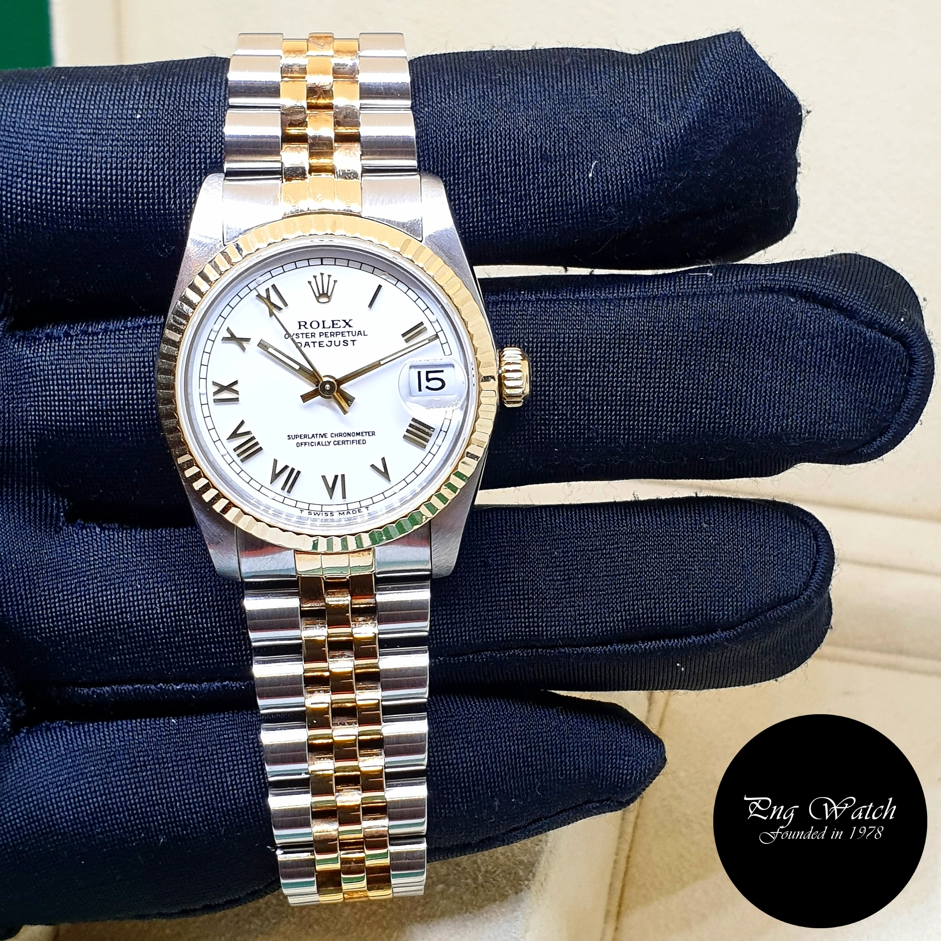 Rolex 31mm Oyster Perpetual 18K Half Gold White Roman Datejust REF: 68273 (2)
