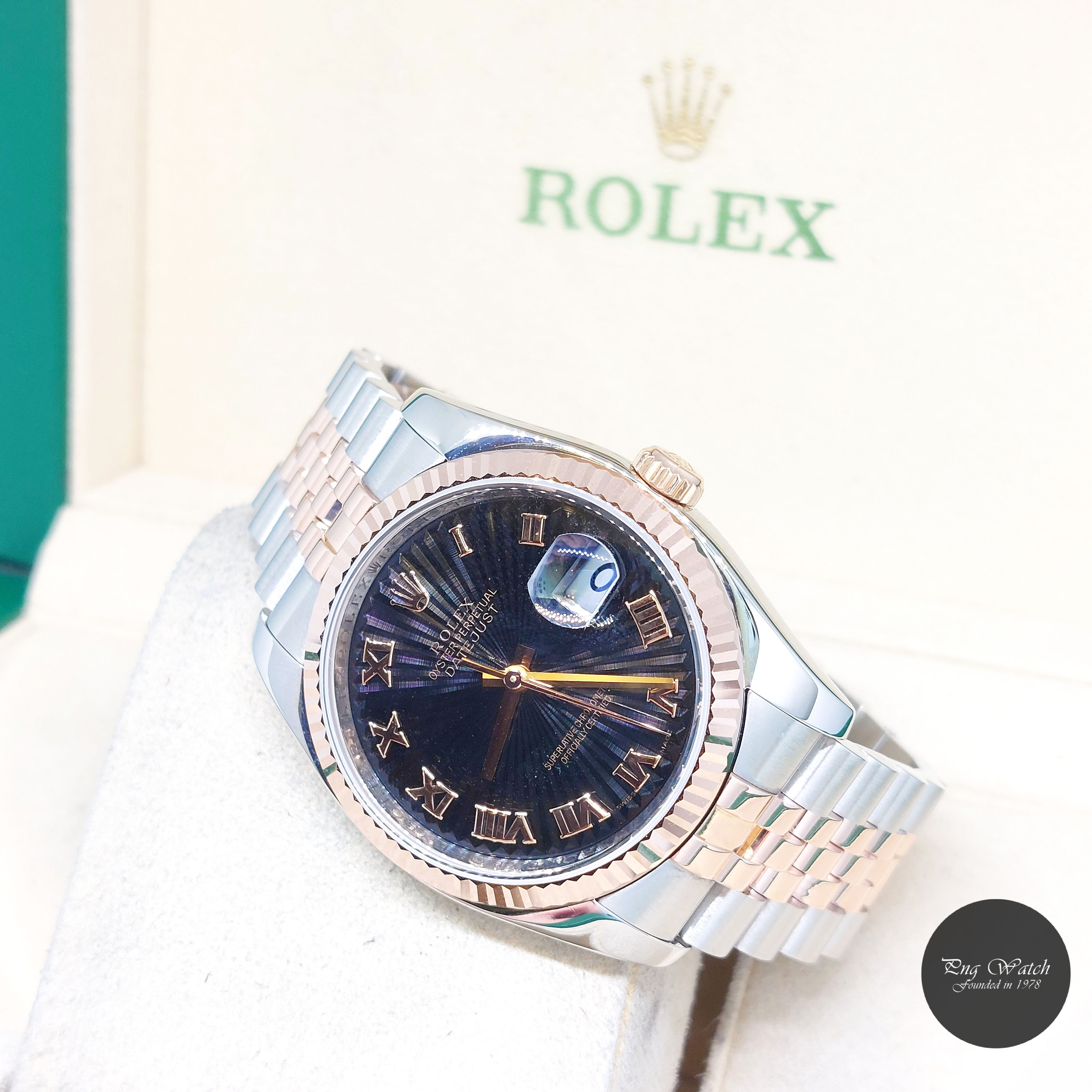 Rolex 36mm 18K Half RG Black Sunbeam Roman Dial Datejust REF: 116231 (D Series)