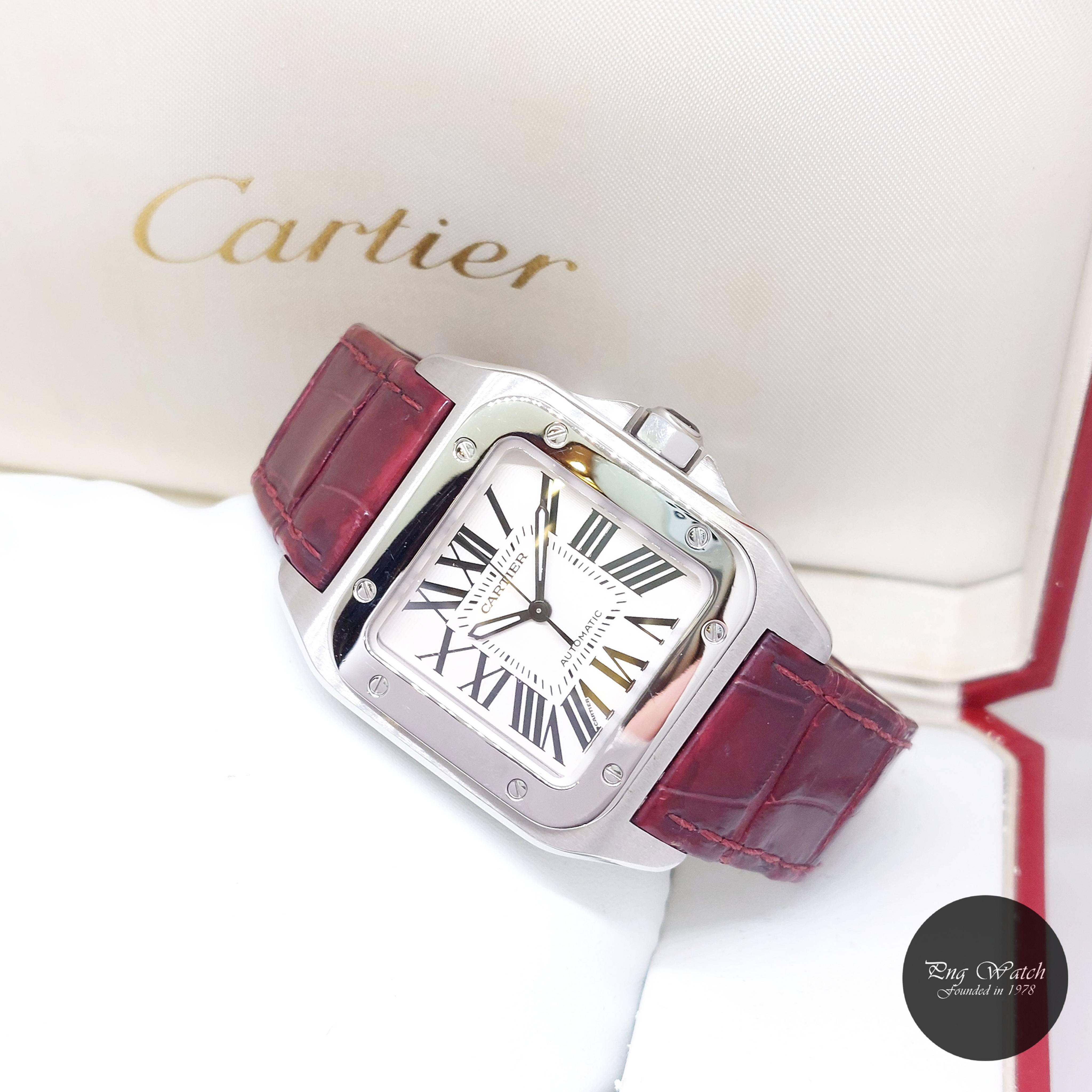 Cartier 35.6mm x 44.2mm Silver Opaline Medium Santos 100 REF: W20106X8 (FS)
