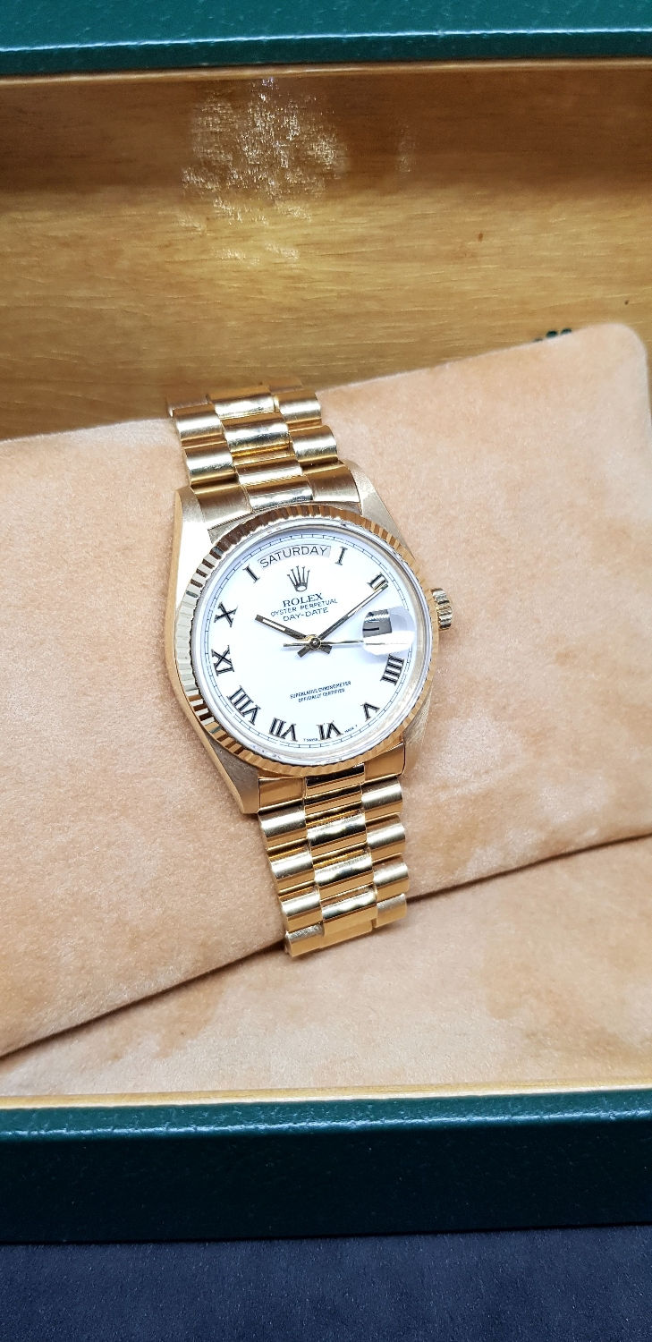 Thumbnail: Rolex 18K Yellow Gold White Roman Day-Date REF: 18038