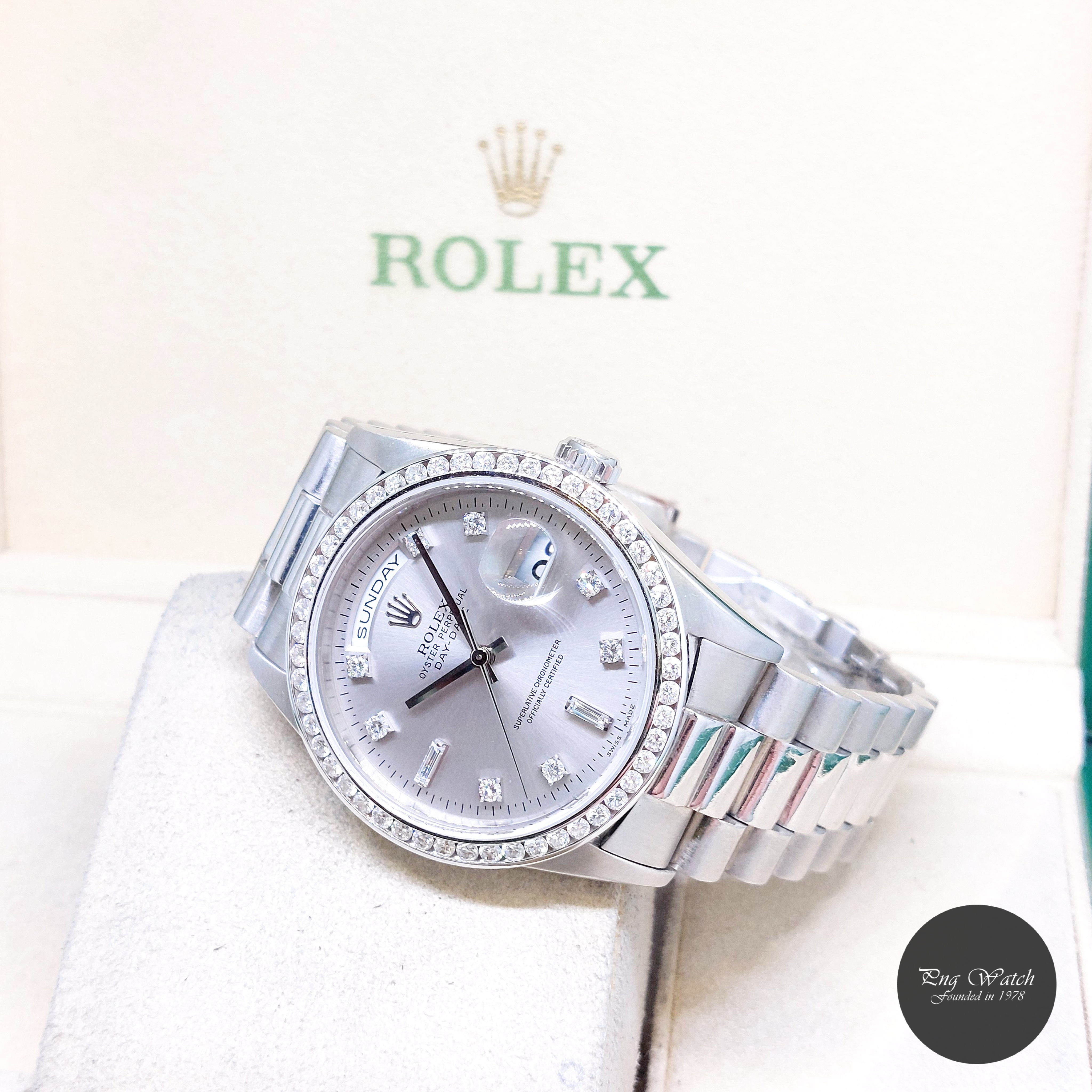 Rolex 36mm Oyster Perpetual 950PT Silver Diamonds Dial Day-Date REF: 18206 (U)