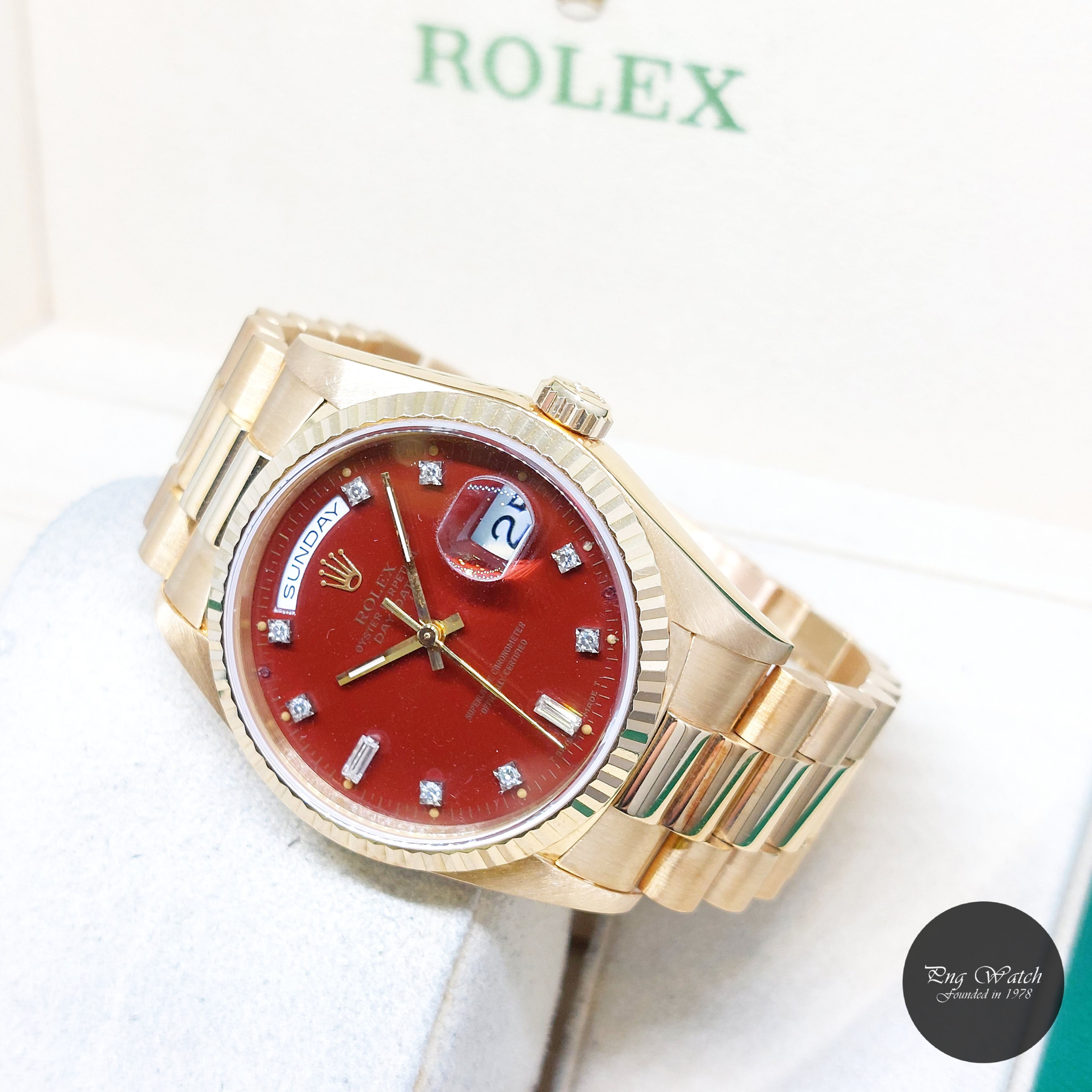 Rolex 36mm 18K Yellow Gold 'Oxblood Stella' Diamonds Dial Day-Date REF: 18238