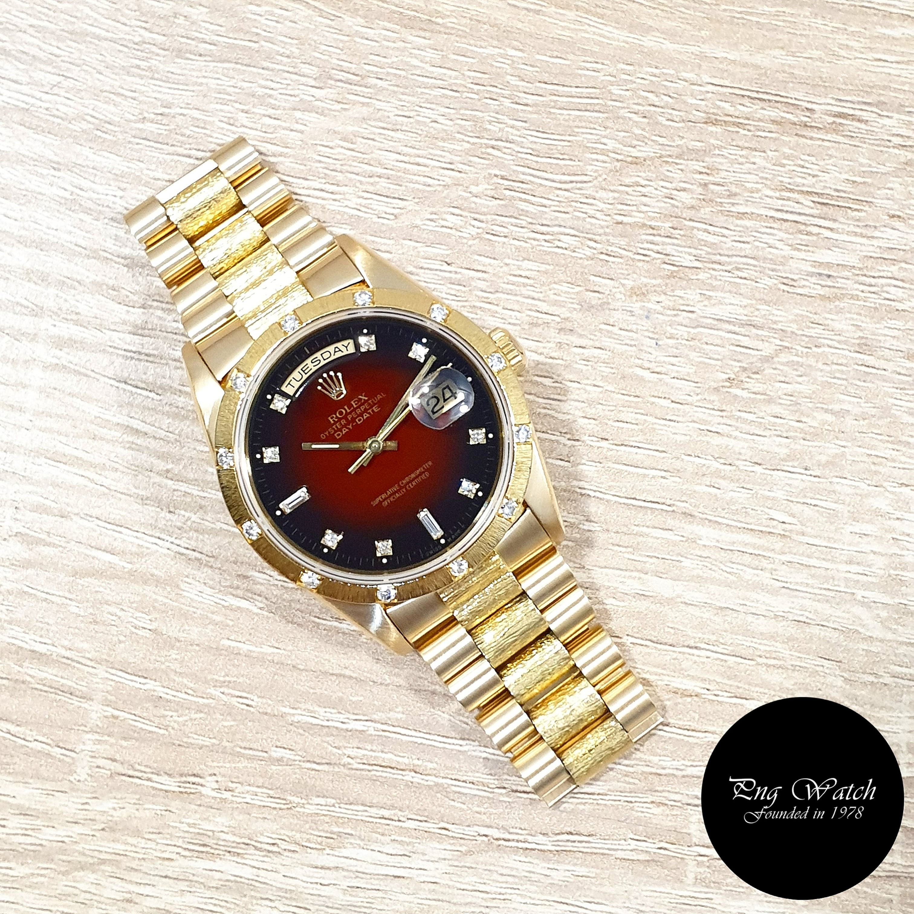 Rolex OP 18K YG Bark Finished Red Degrade Diamonds Day-Date REF: 18308 (2)