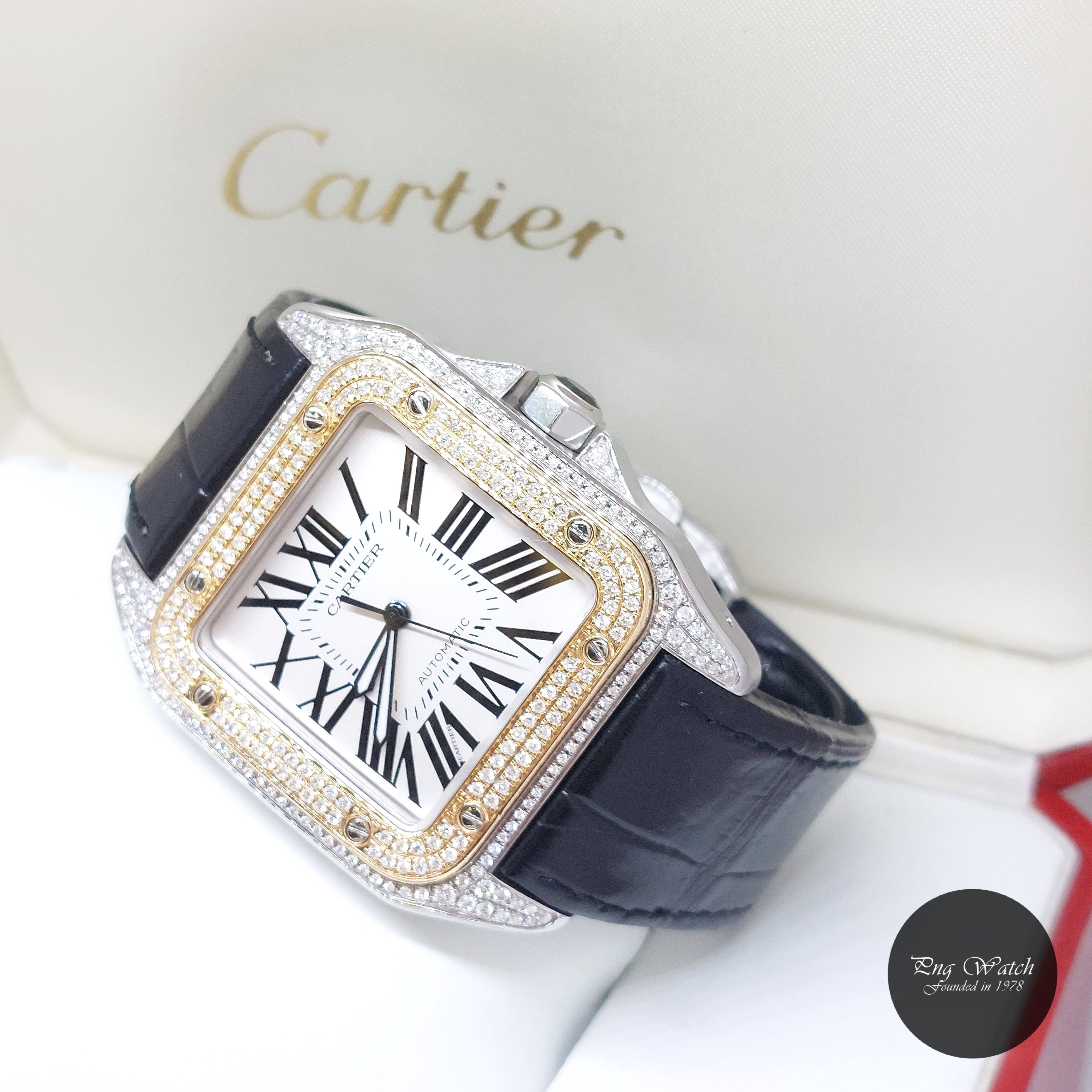 Cartier 51X41 Silver Opaline Roman Dial 18K Half YG Diamonds Set Santos 100 L