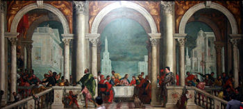 a painting of people gathered around a table at a great feast