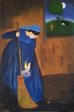 A woman sweeps her house looking for a cow , while out the window a shepherd finds a lost sheep
