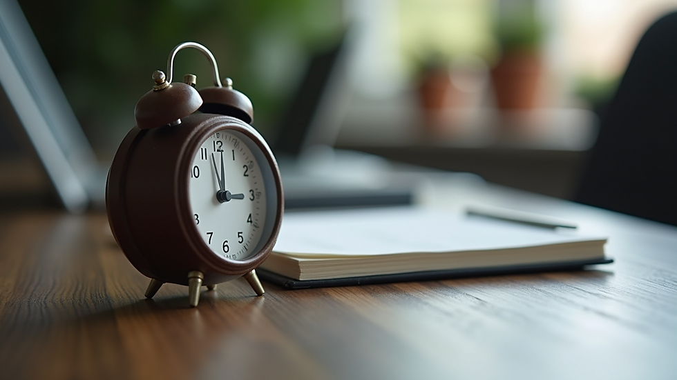 Close-up view of a timer and notebook on a desk