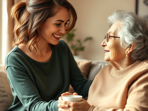 Young woman and elderly lady smiling warmly, holding hands over a cup in a cozy living room. Soft lighting and earthy tones create a warm mood.