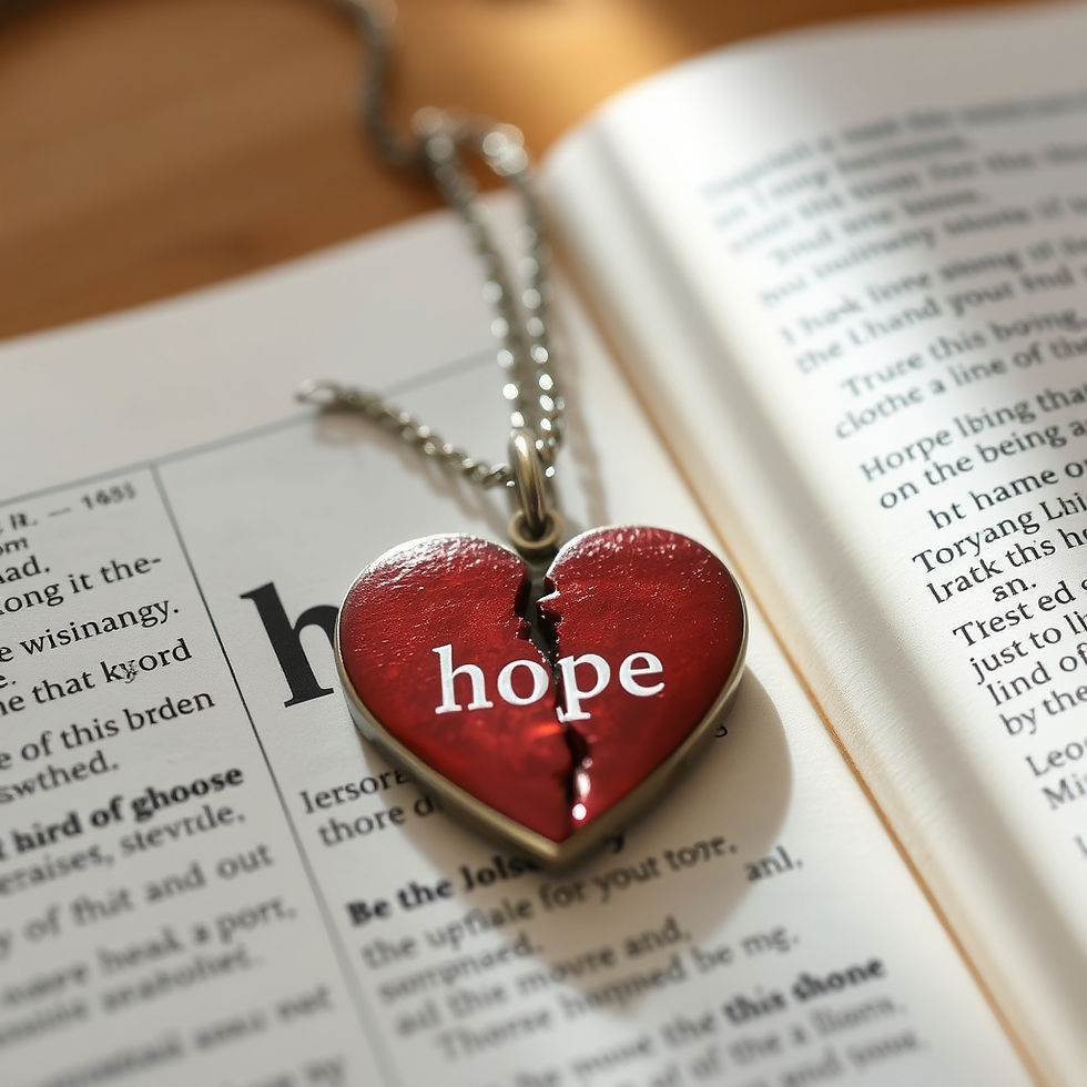 A cracked heart-shaped locket with the word "hope" rests on an open book. Sunlight casts a warm glow, creating a contemplative mood.