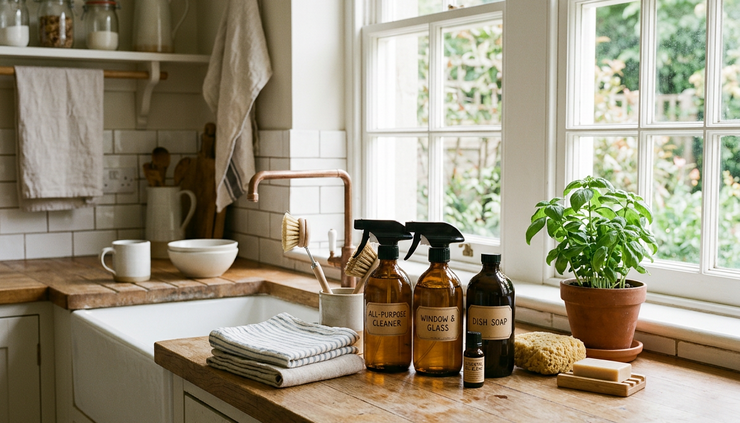 Wide-angle view of a bright kitchen with natural cleaning bottles and folded cloths on a wooden worktop