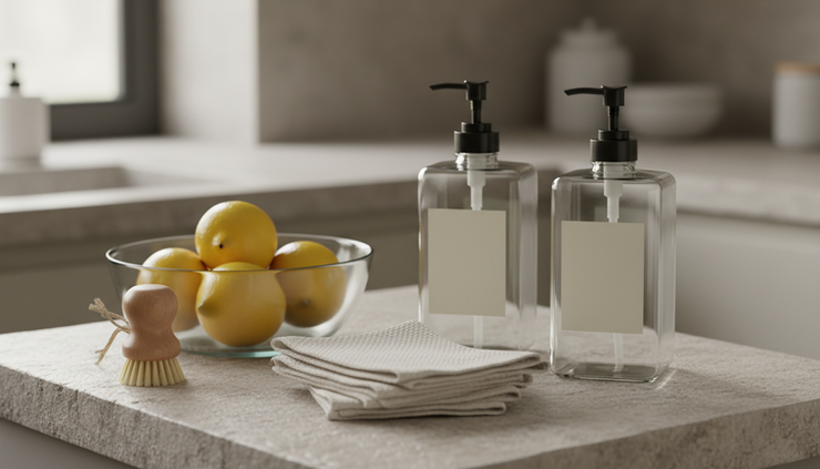 Close-up view of biodegradable plant-based cleaning bottles beside cotton cloths and a glass bowl of lemons