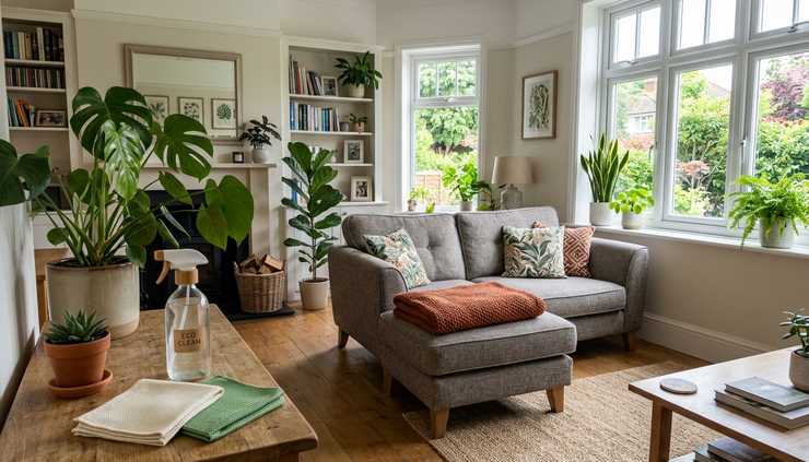 Wide-angle view of a bright living room being prepared for regular cleaning.
