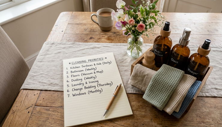 Overhead view of cleaning notes beside eco products on a dining table.
