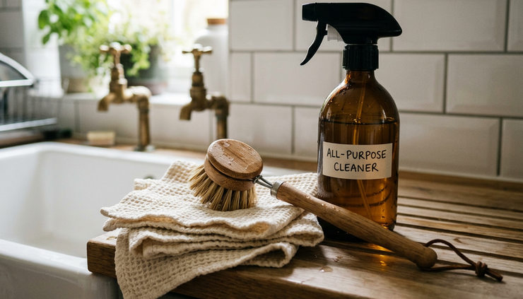 Close-up view of reusable cloths, a soft brush, and a refillable spray bottle beside a tiled sink