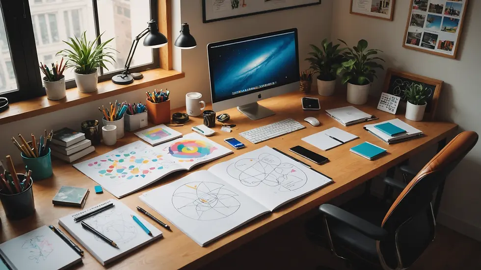 High angle view of a creative workspace with colorful designs and sketches