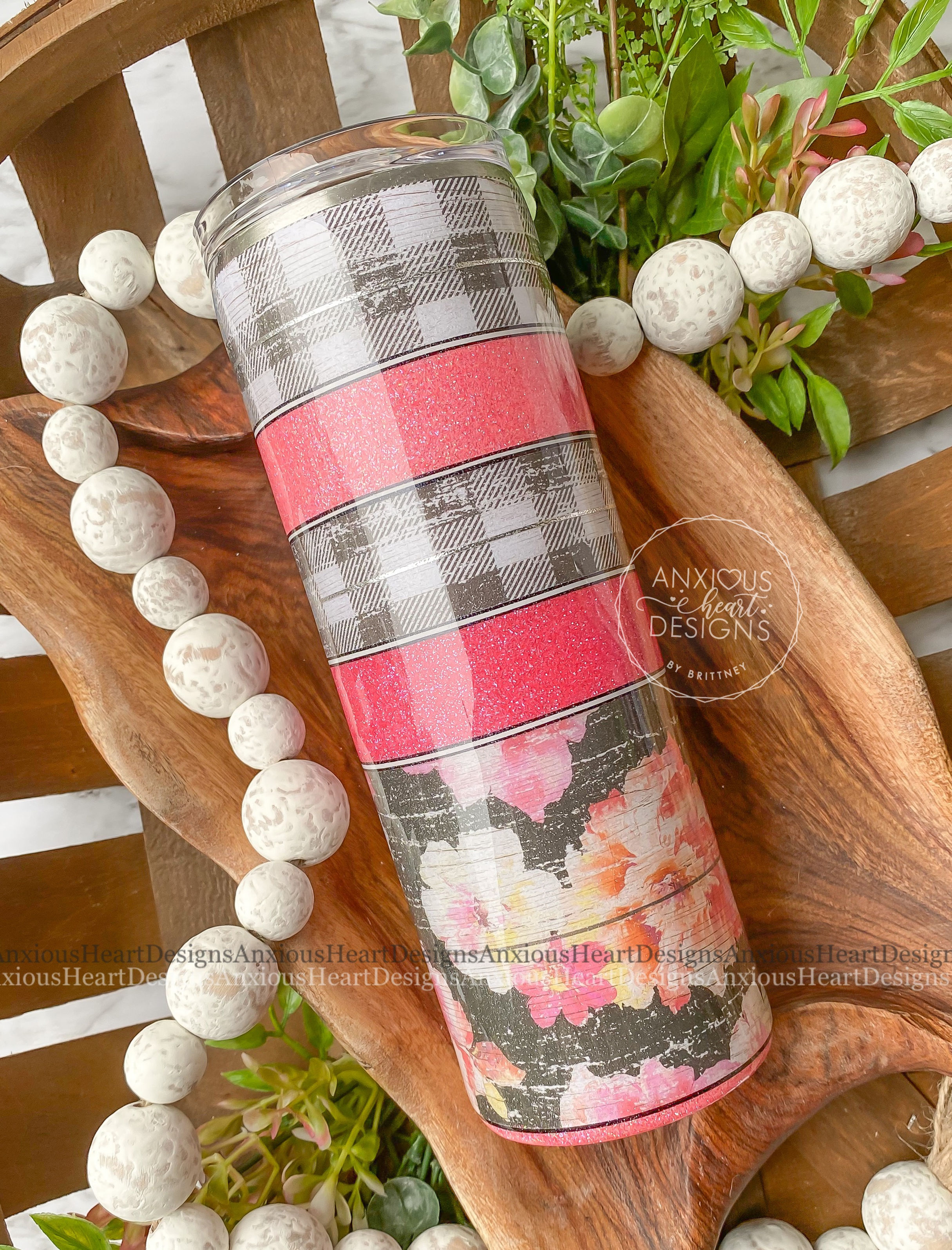 20oz Pink & Black Floral Glitter Tumbler