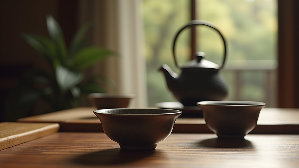 Close-up view of a tea ceremony setup with traditional Japanese teacups and teapot