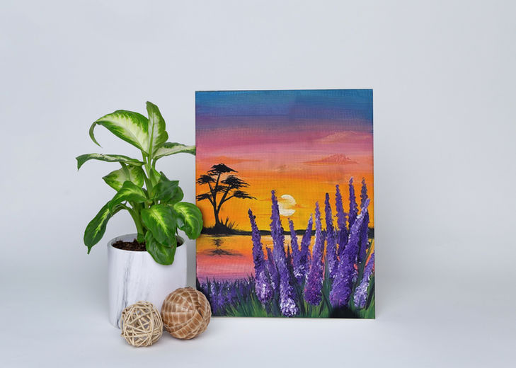 Lupins with a sunset background on a lake