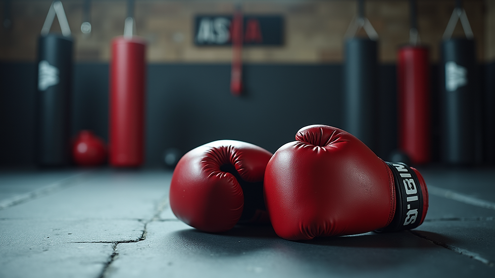Close-up view of MMA gloves and training equipment on gym floor