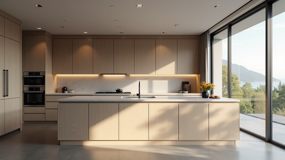 Eye-level view of a modern kitchen with custom cabinetry and a large island