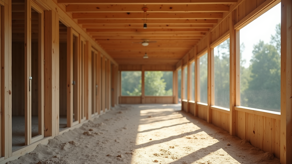 Eye-level view di un cantiere con strutture in legno certificato