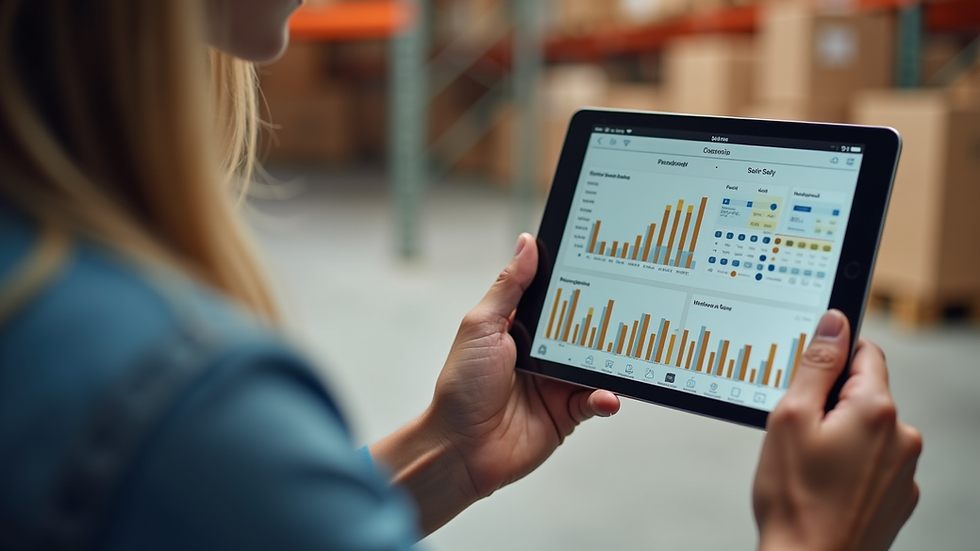 Close-up view of a tablet showing inventory data for building materials