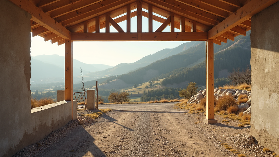 Vista a livello degli occhi di un cantiere con strutture in legno e calcestruzzo